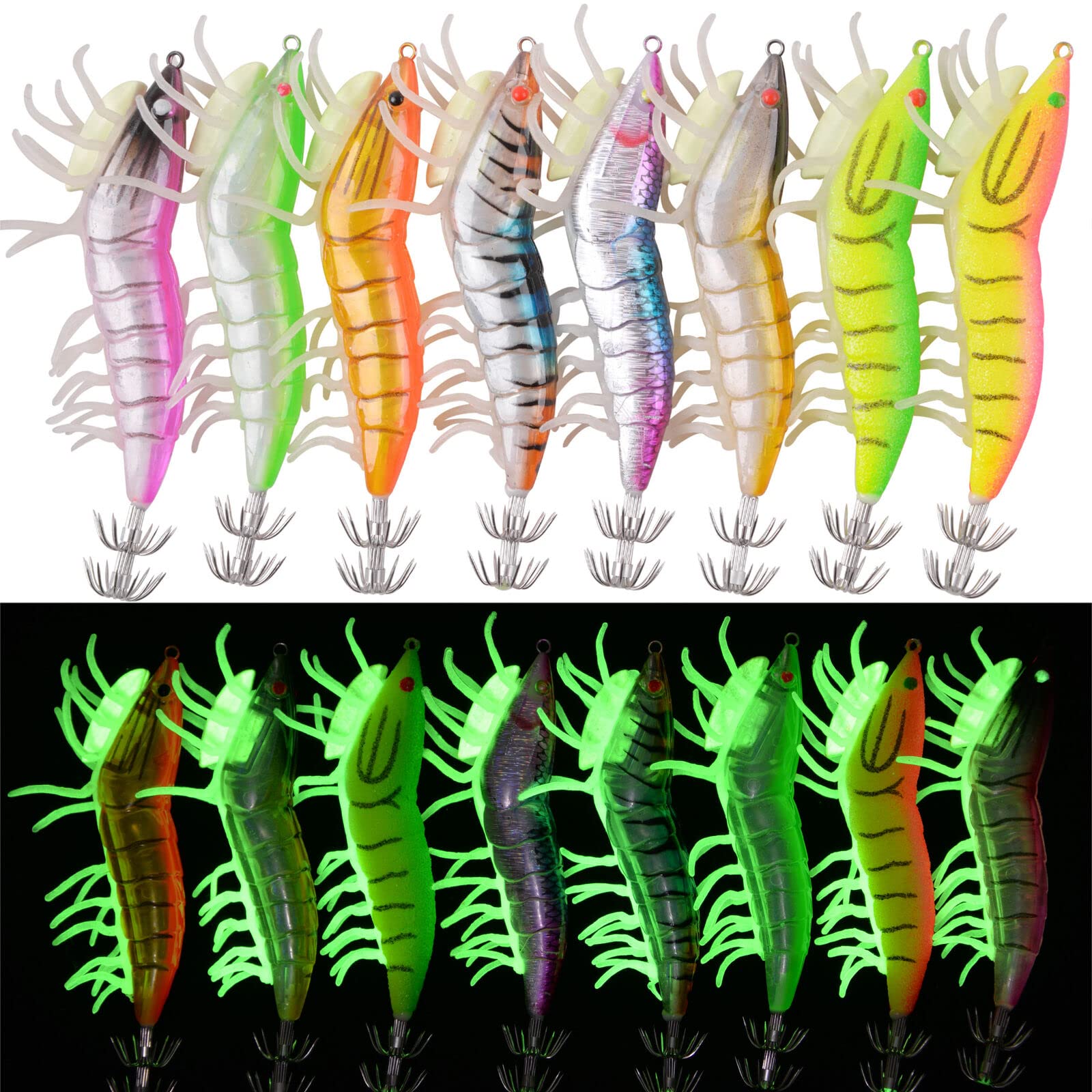 8pcs Glow In Dark Shrimp Squid Jig Hooks - Luminous Fishing Lures With Silicon Legs For Squid