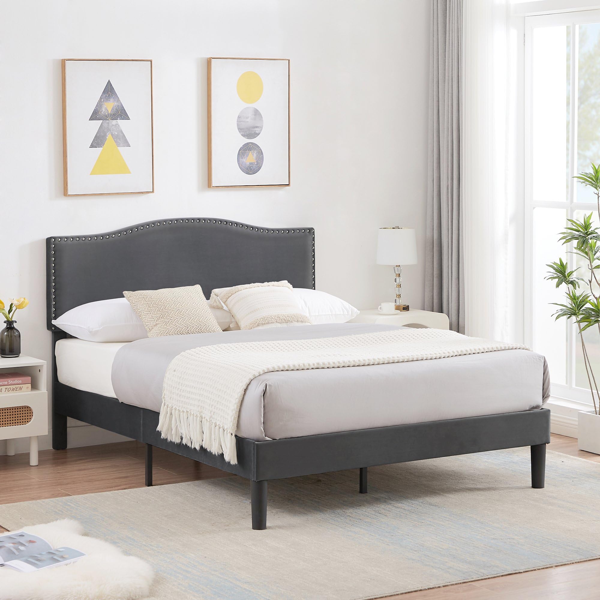 Dimensional drawing of the VECELO Full Bed Frame showing length, width, and height measurements.