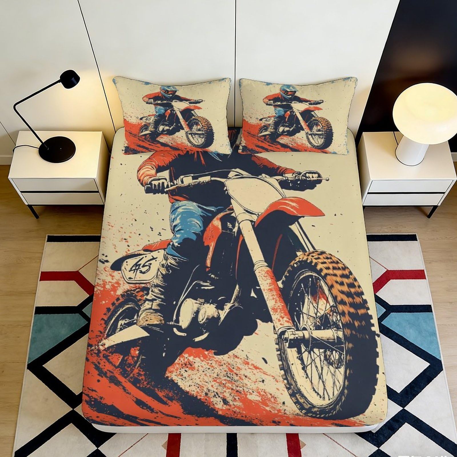 Pnayamiorkfel Style-8 3D Printed Motocross Racing Fitted Sheet Microfiber Red Dirt Bike Bed Cover For Bedroom Dorm Mattress Decor 90X200x25cm