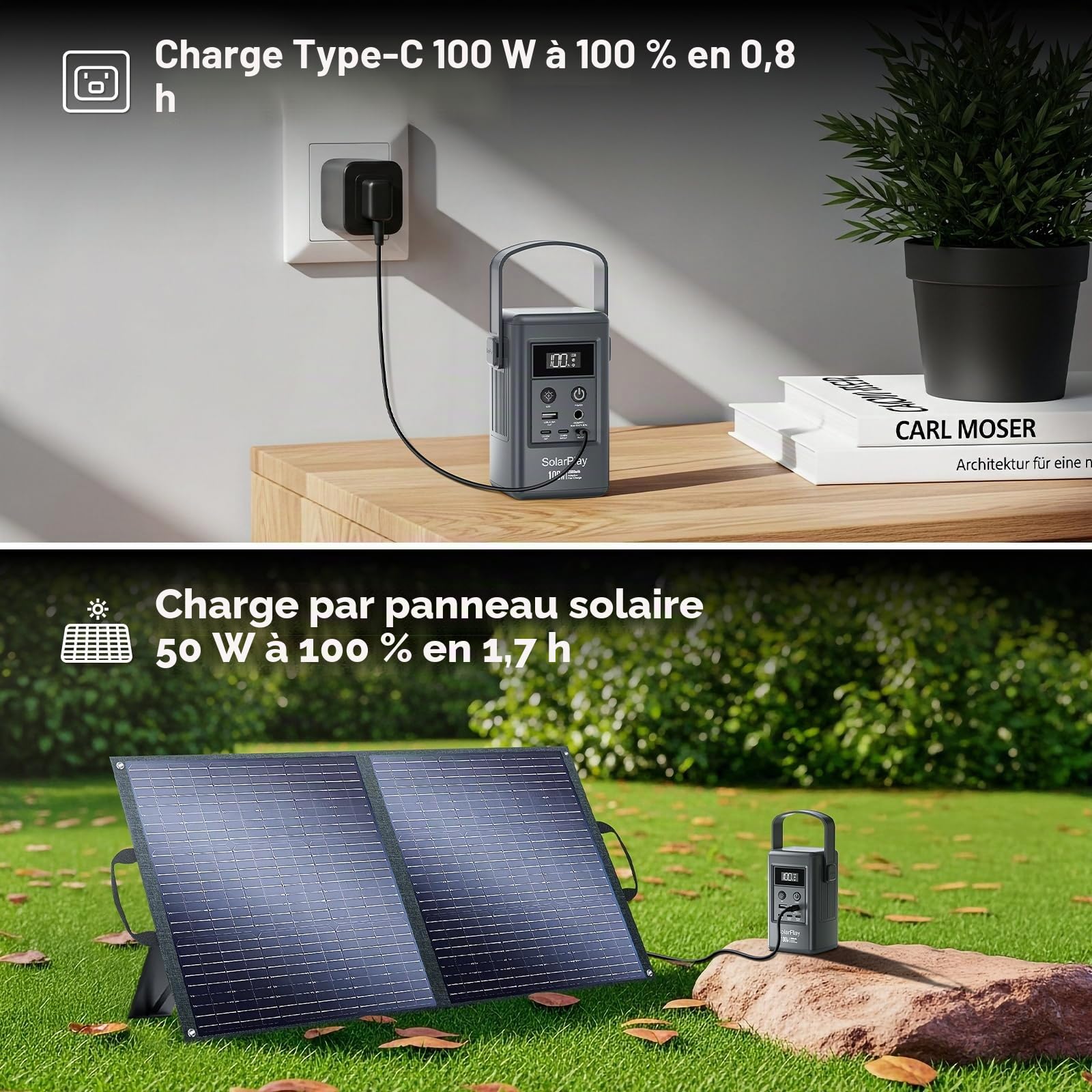 SolarPlay Q100 Station d'énergie portable de 100 W, petit générateur avec prises de courant/CC/USB/lumière LED, batterie externe de 92,5 Wh pour camping, secours domestique et coupures d'urgence