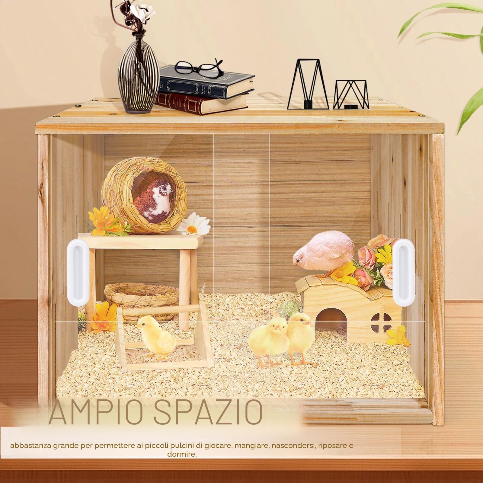 Scatola per allevare polli in legno, grande scatola per pulcini con manico, 40 x 30 x 30 cm, per pulcini, criceti, tartarughe, rettili