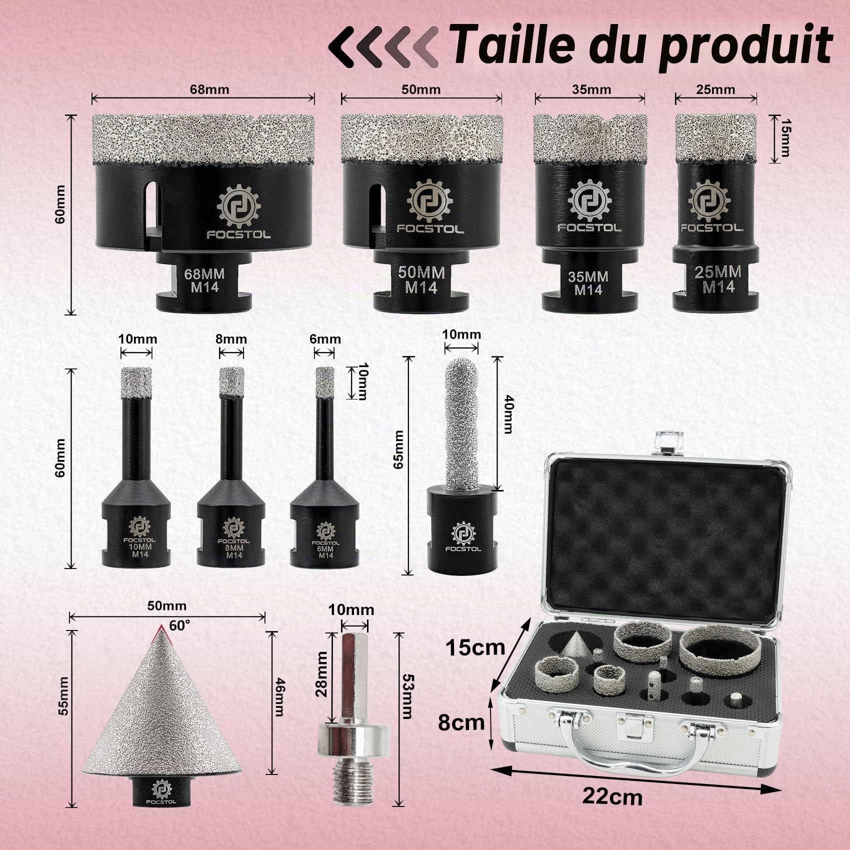 FOCSTOL Foret Diamant Carrelage Kit - 10 pièces (6/8/10/25/35/50/68mm+10mm Fraise+50mm Mèches Chanfrein Biseautées+Adaptateur Hexagonal) Scie Cloche Diamantée pour Porcelaine Carrelage Marbre Granit