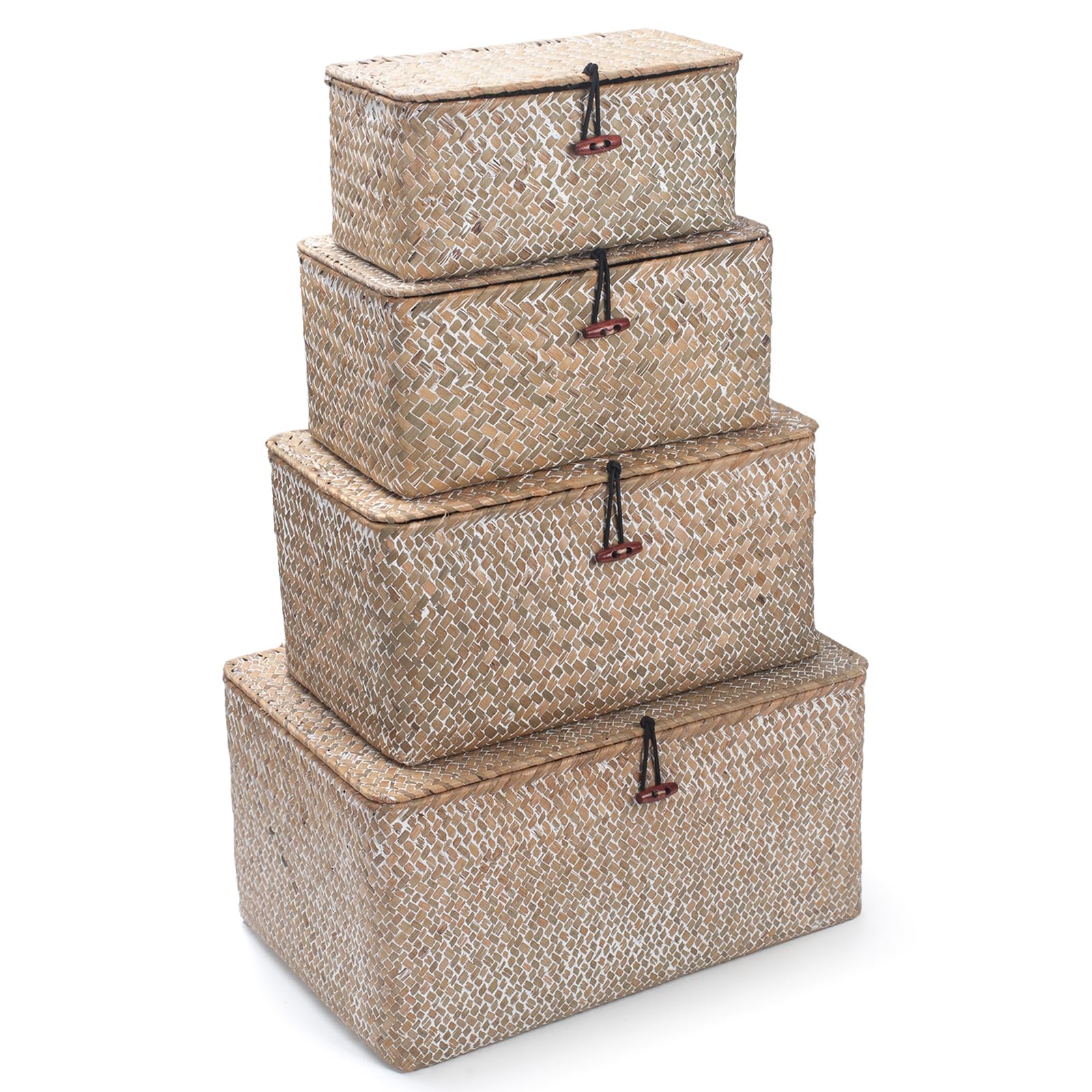 Cesta de Mimbre con Tapa, Cesta de Almacenamiento de Seagrass, Cesta Decorativa Tejida para Estante o Mostrador, Blanco