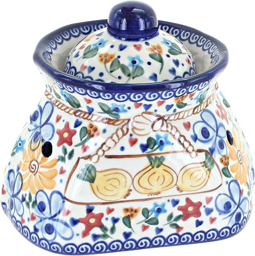 Blue Rose Polish Pottery - Yellow Butterfly Small Garlic Keeper - 7" x 5" x 6.5" - Ceramic Storage Jar with Vent Holes