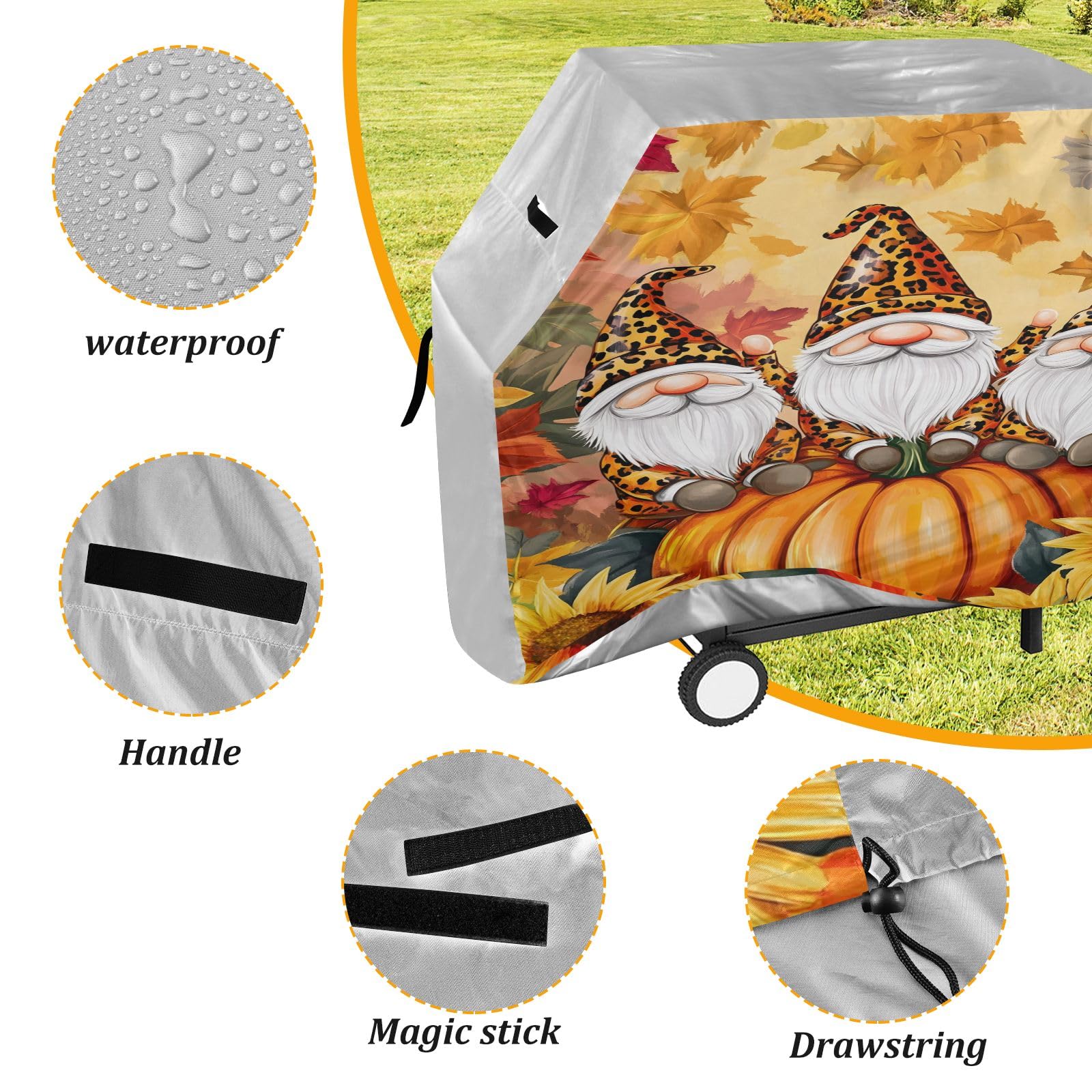 Copertura per barbecue di alta qualità, impermeabile, resistente allo sbiadimento, resistente, adatta per griglie fino a 63 cm di larghezza, cappello con stampa leopardata, girasole e zucca