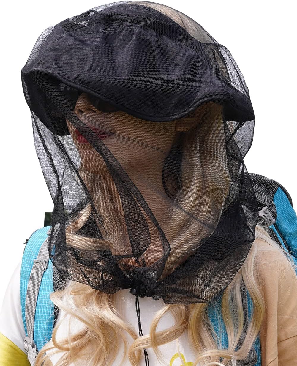 wohohoho Mosquito Head Net Mesh with Drawstring, Bug Face Netting for Hats, Mesh Face Shield for Men & Women Beekeeper Net Mask Protection for Midges, Bugs & Gnats (2 Packs, Black, Updated Big Net)