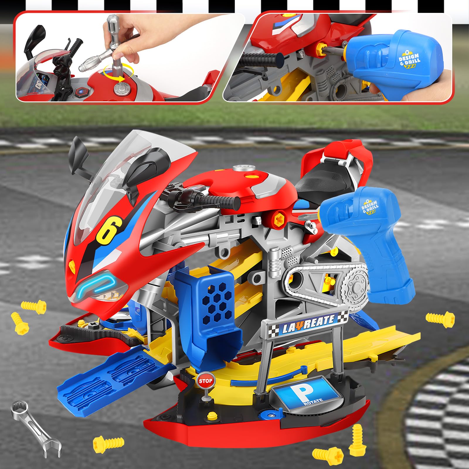 Moto Construir Niños, Moto de Construcción Con Luz y Sonido para 3-8 Años, Kit de Ensamblaje con Taladro Eléctrico y Pista, Regalo Ideal para Niños de 3 4 5 6 7 8 9 (Rojo)