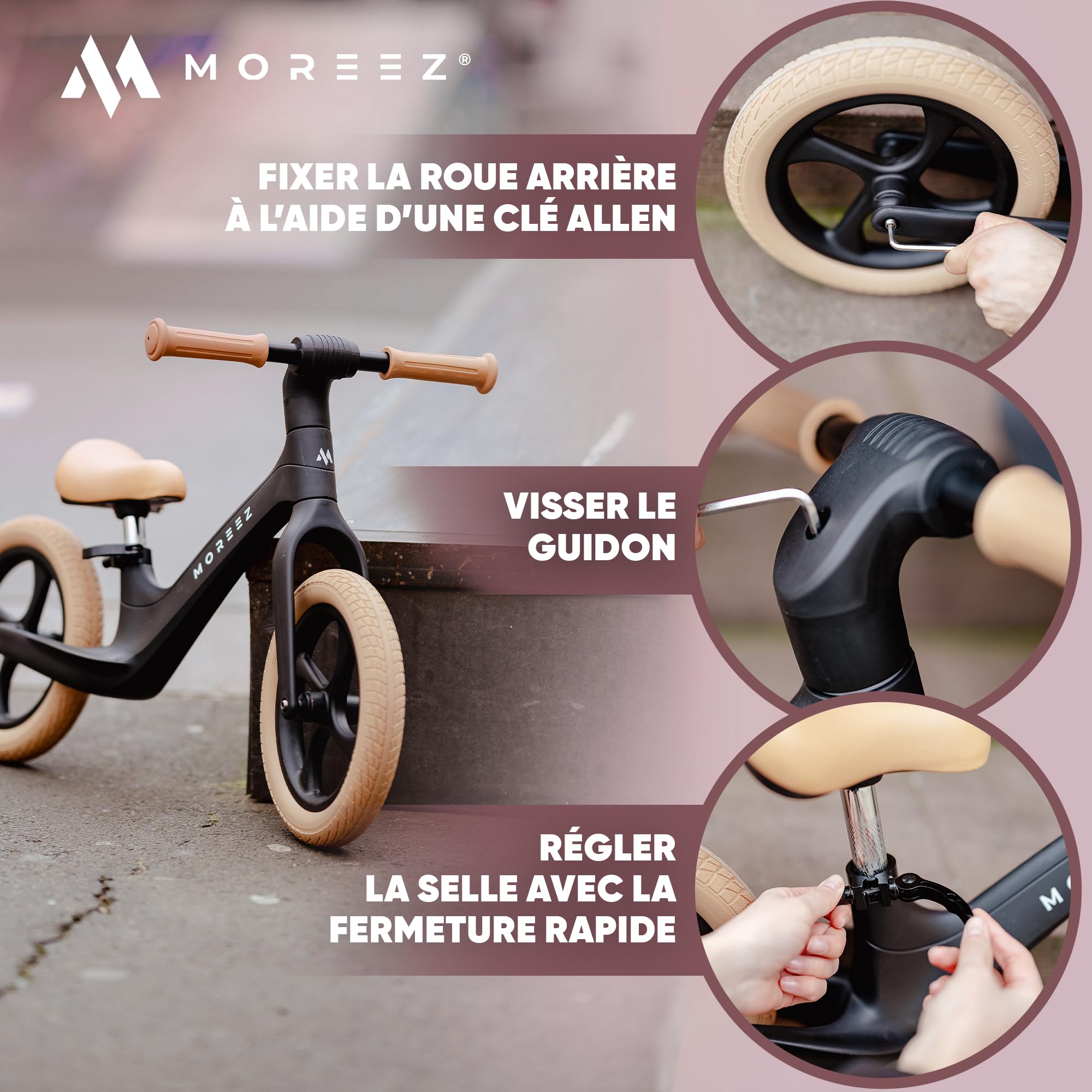 MOREEZ Draisienne à partir de 2 ans [2-5 ans] Roue ultra légère pour enfant avec protection contre les chutes, siège ergonomique, roues de 12 pouces anti-crevaison de 50 kg, repose-pieds antidérapant