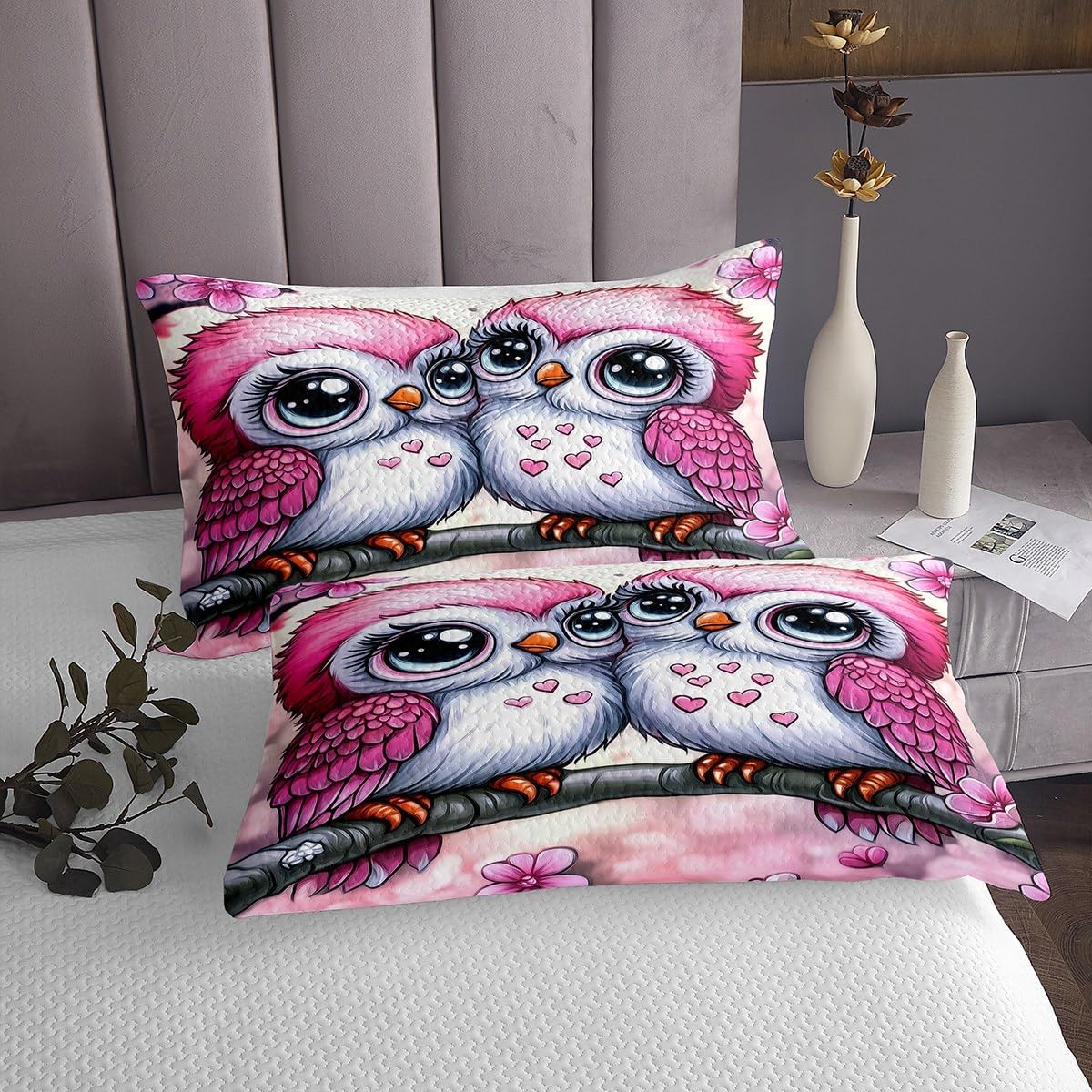 Erosebridal Pink Cartoon Owl Queen Quilt Set for Girls Teen Women,Romantic Valentine's Day Couple Coverlet Set Cute Woodland Wild Animal Bedspread Set Kawaii Cherry Blossom Love Heart Bed Set