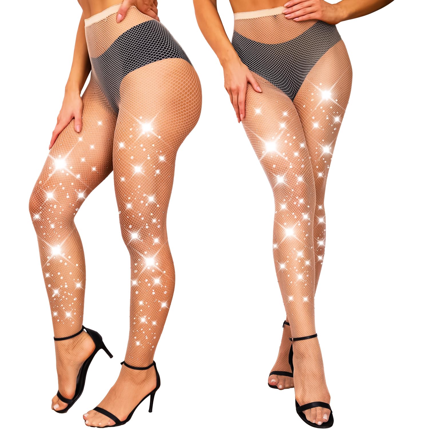 K Bkvava Women's Small Net-Nude 2 Pairs Sparkly Fishnet Tights Rhinestone Fishnets For Small Net, Nude