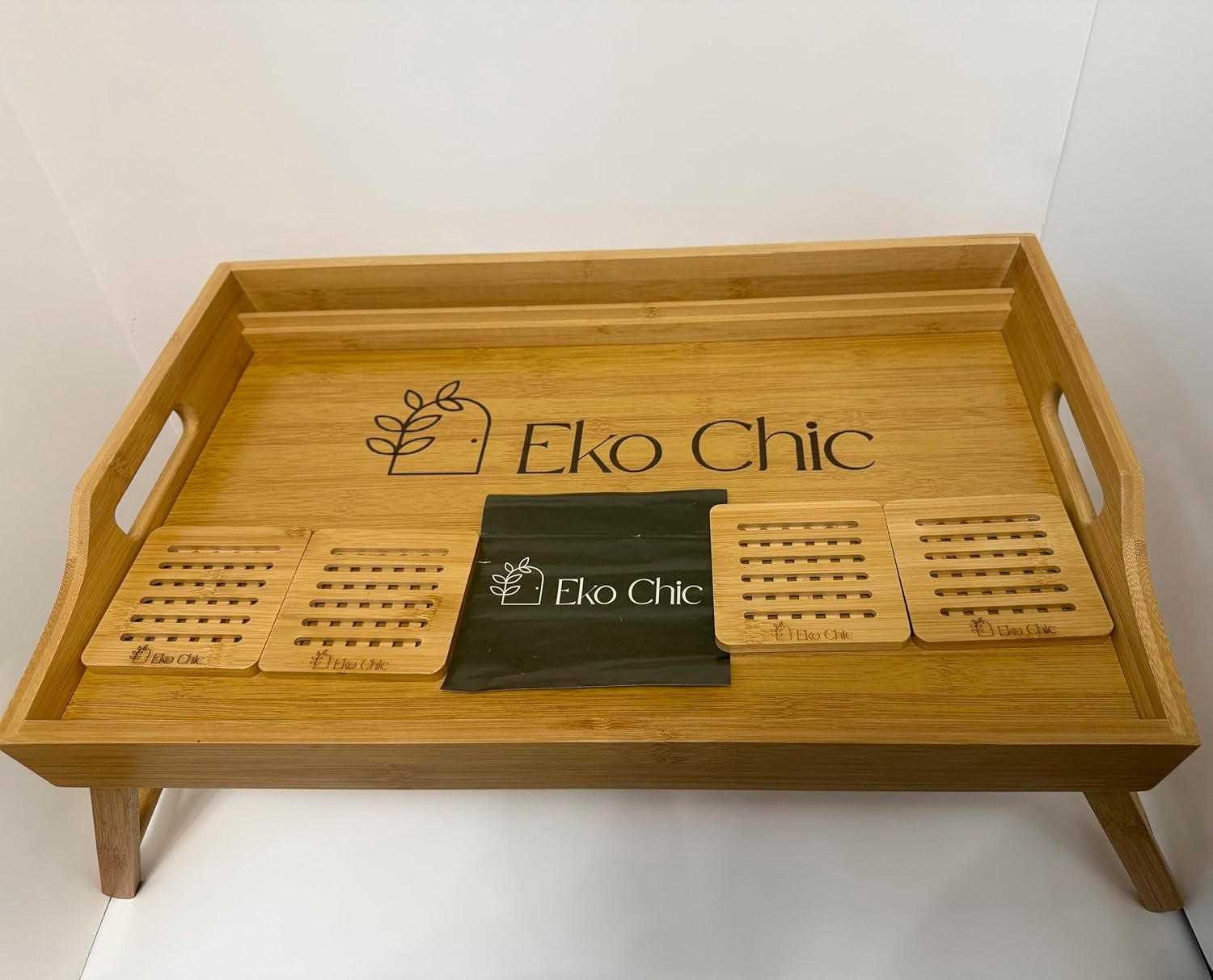 EKOCHIC Table with Foldable Legs & Coasters | Large Bamboo Table for Eating Breakfast Also Laptop - Durable & Stylish Wooden Lap Table for Bedroom, Easy to Clean Food Tray for Bed & Couch