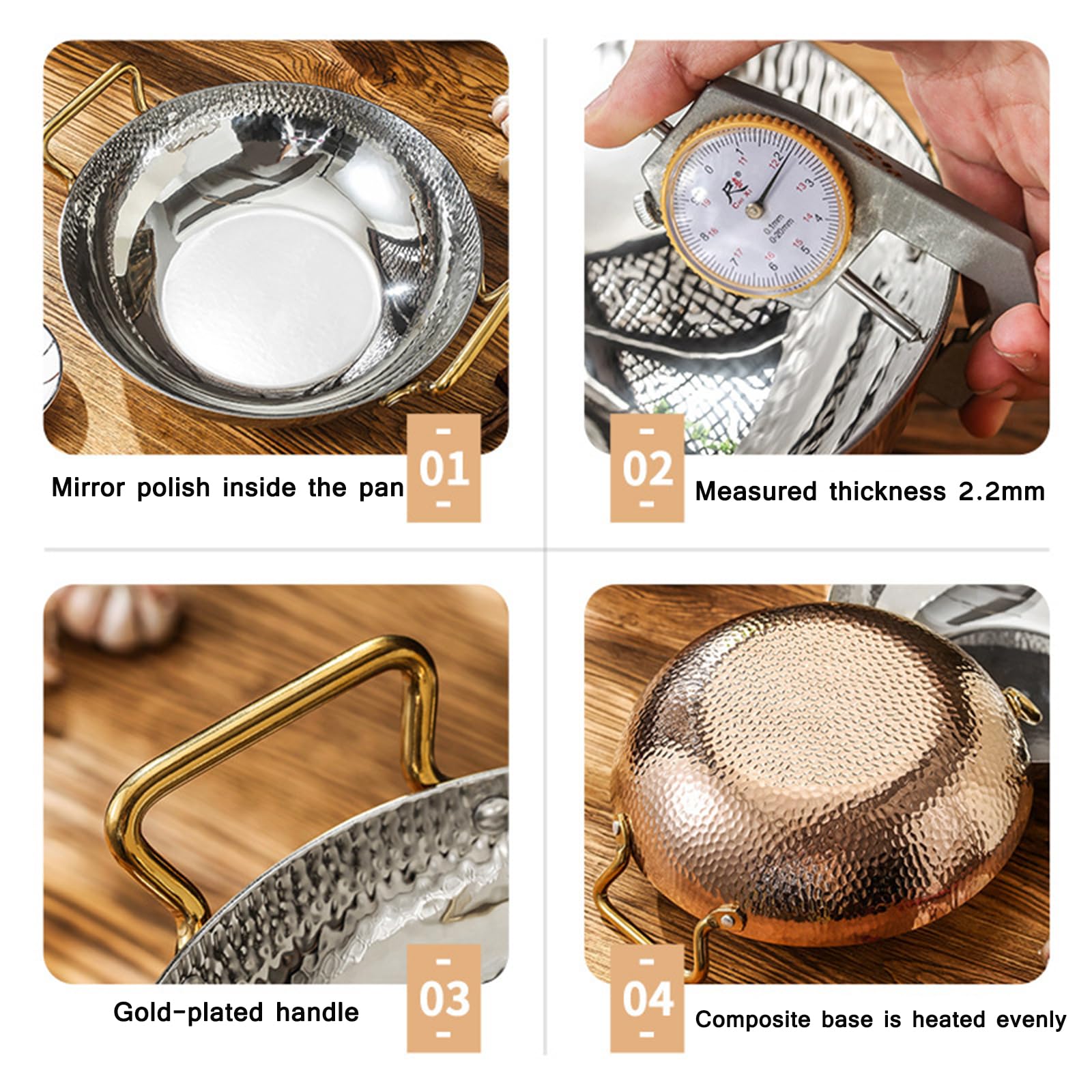 SVRITE Padella per omelette in acciaio inox con manici dorati, padella per paella spagnola, padella da 25,4 cm, 25,4 cm, 27,4 cm, 27,9 cm, 30,5 cm, antiaderente, per casa, ristoranti e catering