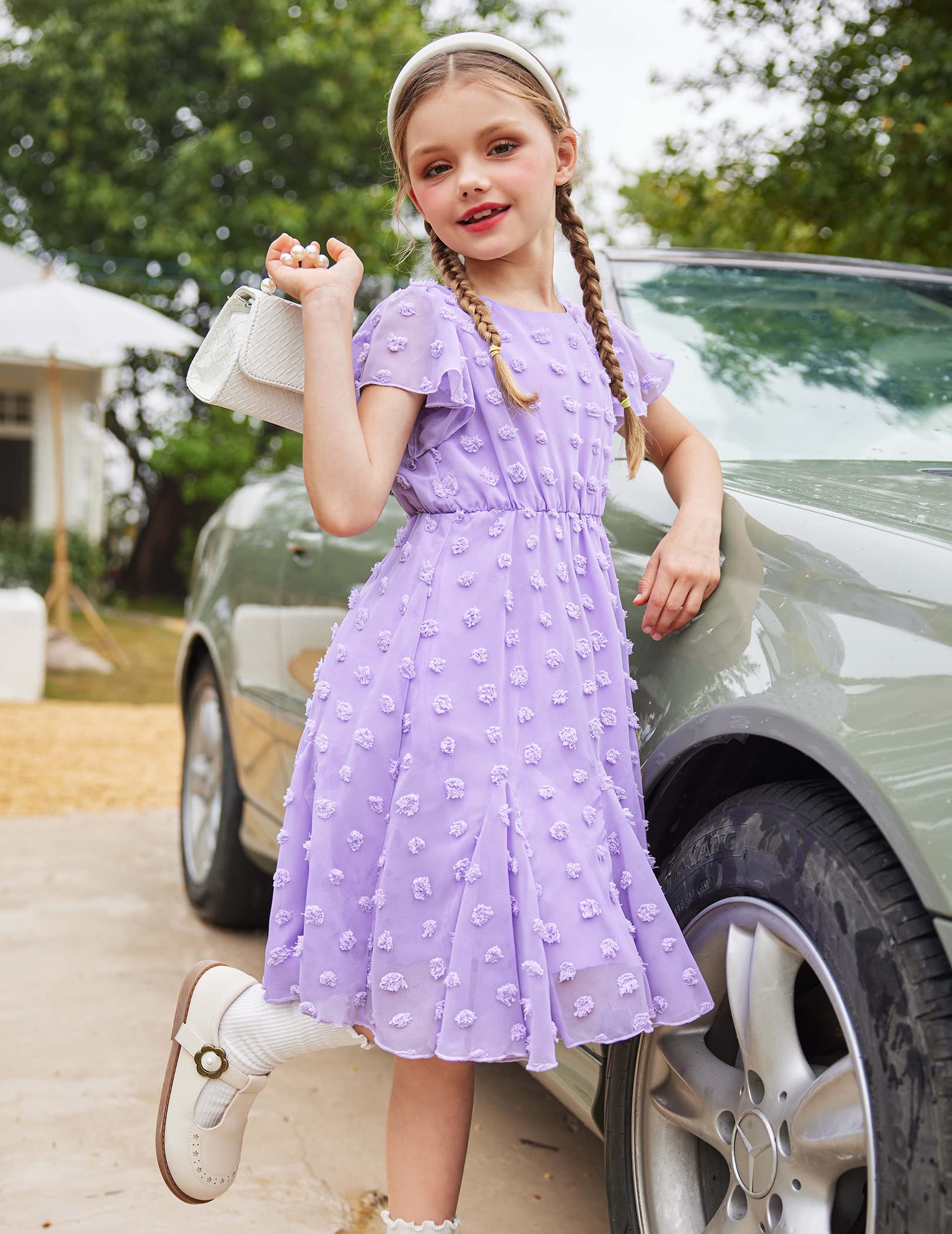 Flypigs Abiti da Bambina a Maniche Corte Abito da Principessa per Ragazza A-Line Elegante Abito da Sposa per Feste Tinta Unita Completi Scolastici Abbigliamento per Bambine 3-12 Anni