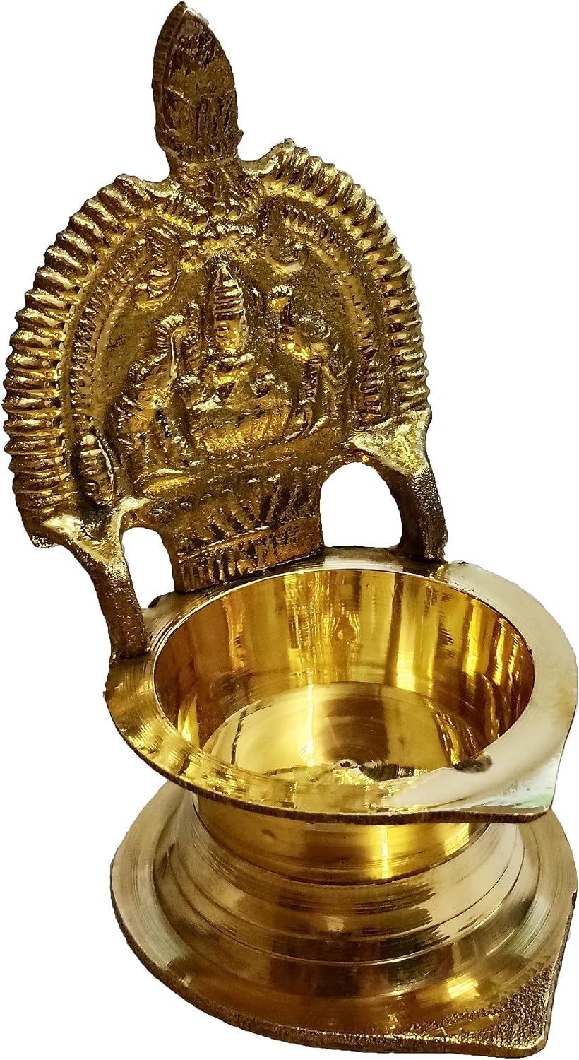 Handmade Indian puja Golden Oil lamp for Diwali Pooja Article akhand Brass kamatchi vilakku: ashta-Lakshmi Oil lamp Diya for Wealth & Prosperity (1)