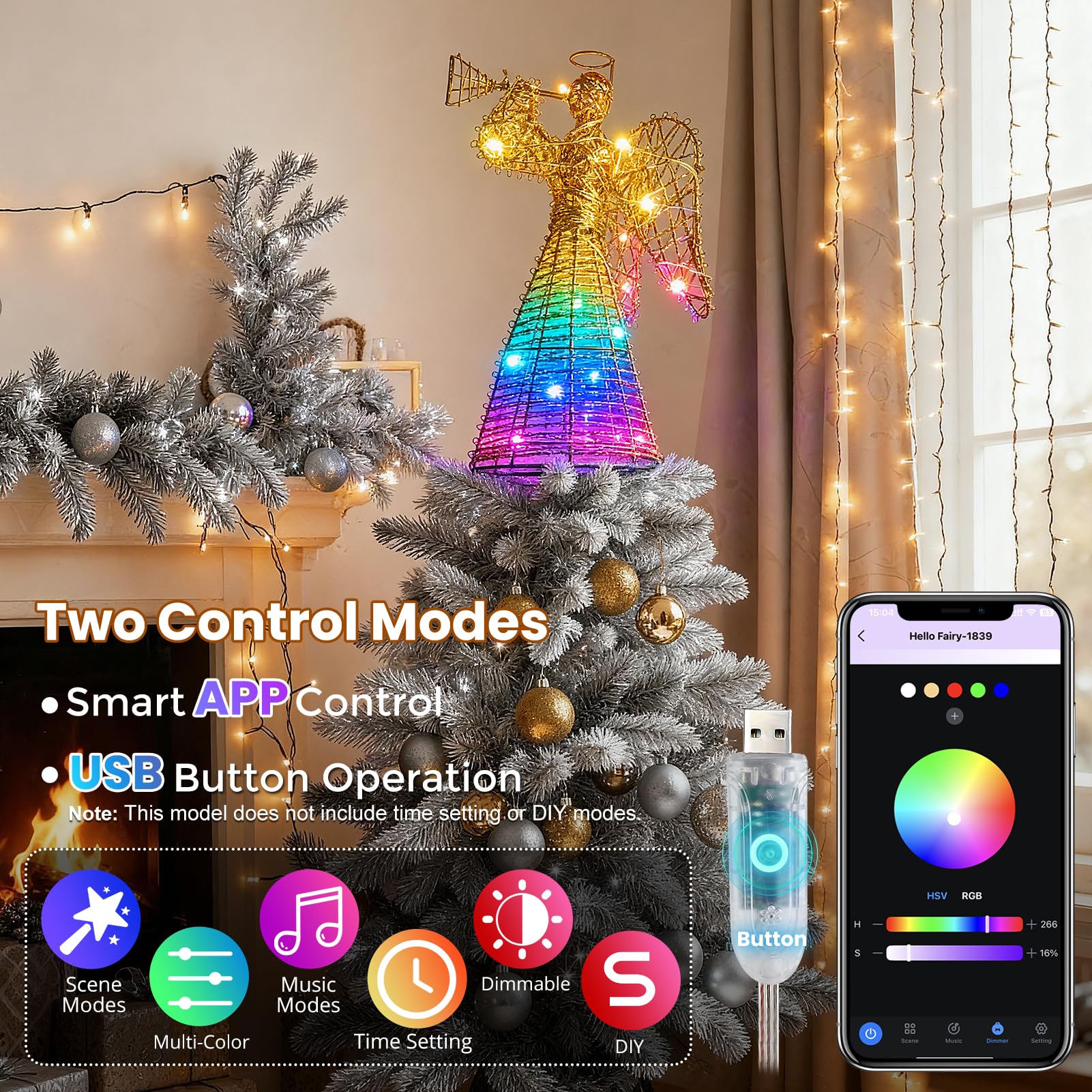 Weihnachtsbaumspitze mit goldfarbenem Glitzer und Trompete, 3D-Golddrahtrahmen, Engel mit mehrfarbigen LED-Lichtern, Smart-App-Steuerung und Musik-Synchronisation, beleuchtete Weihnachtsbaumspitze für