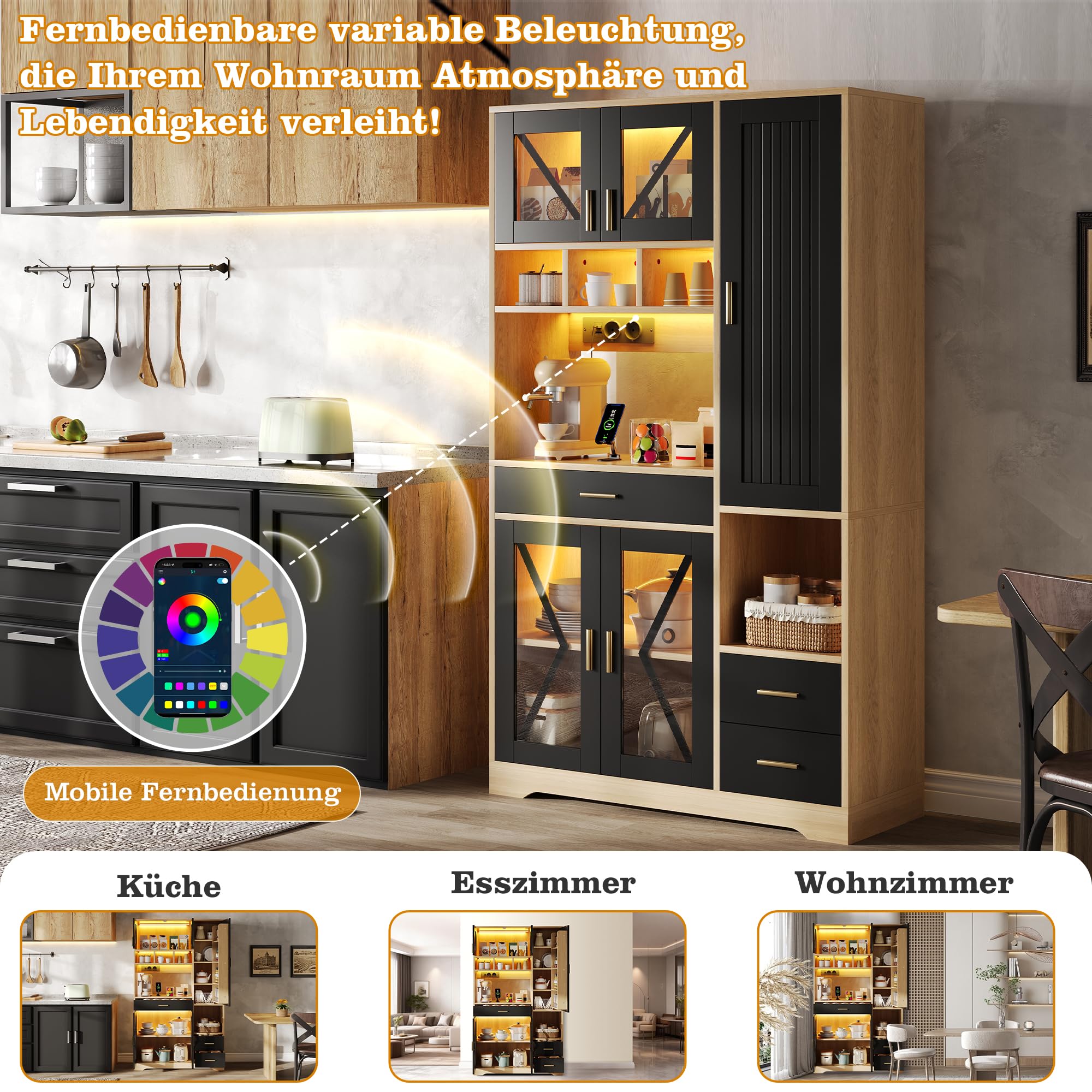 FurnitureR Küchenhochschrank, hoher Küchenschrank 105 x 40 x 185 cm, Schwarz, MDF Vorratsschrank mit 5 Türen und 3 Schubladen, APP-LED, Steckdosenleiste, als Stauraumlösung für Küche und Apartment