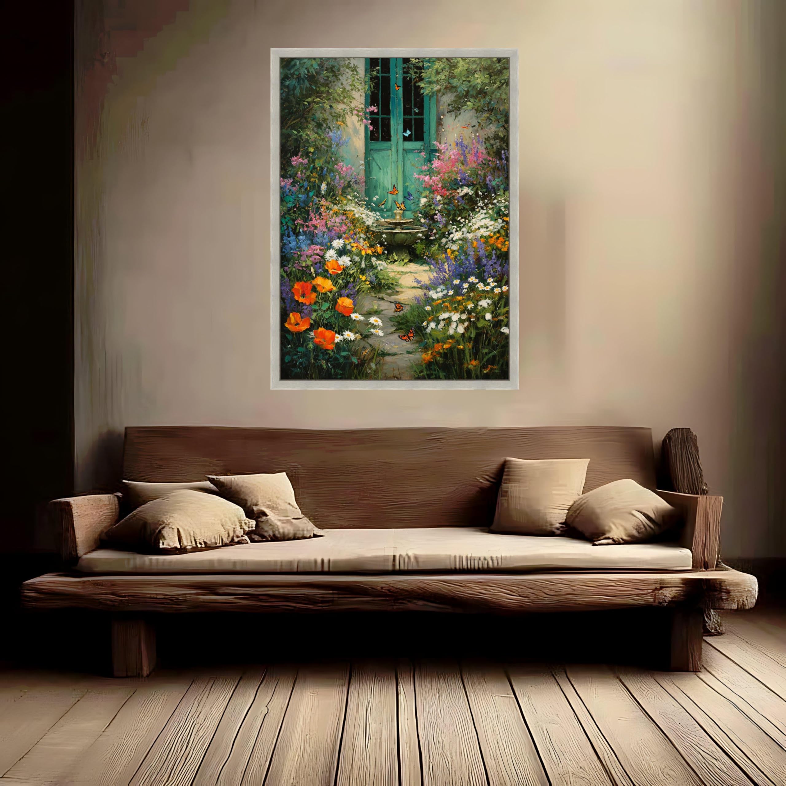 XINBAO Kwiatowy ogród na płótnie drzwi vintage motyle widok łuku dekoracja vintage płótno sztuka ścienna malarstwo plakaty i druki (60 x 90 cm / wewnętrzna rama)