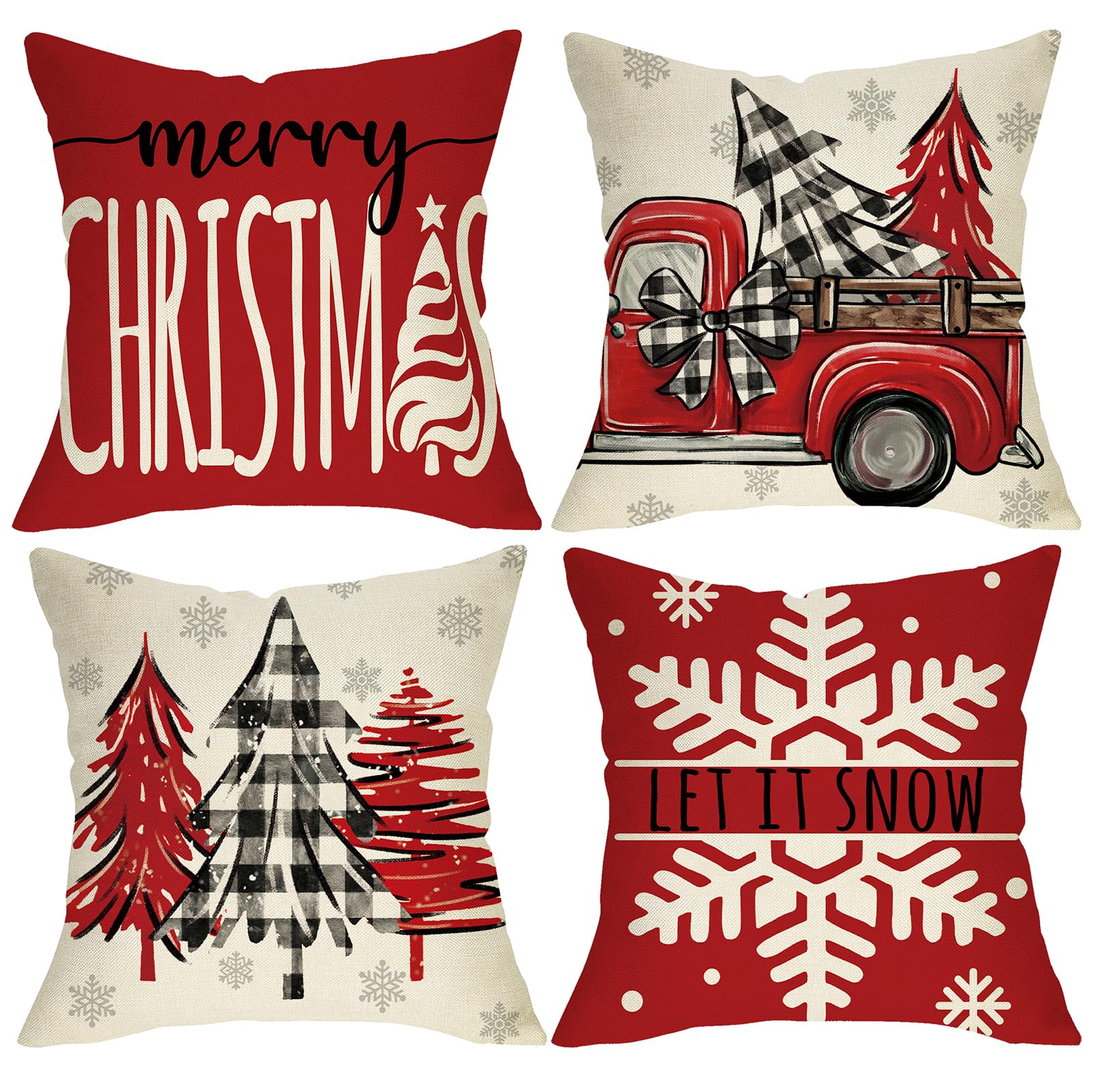 Fjfz Merry Christmas Tree Decorative Throw Pillow Covers 18 x 18 Set of 4 Xmas Truck Snowflake Buffalo