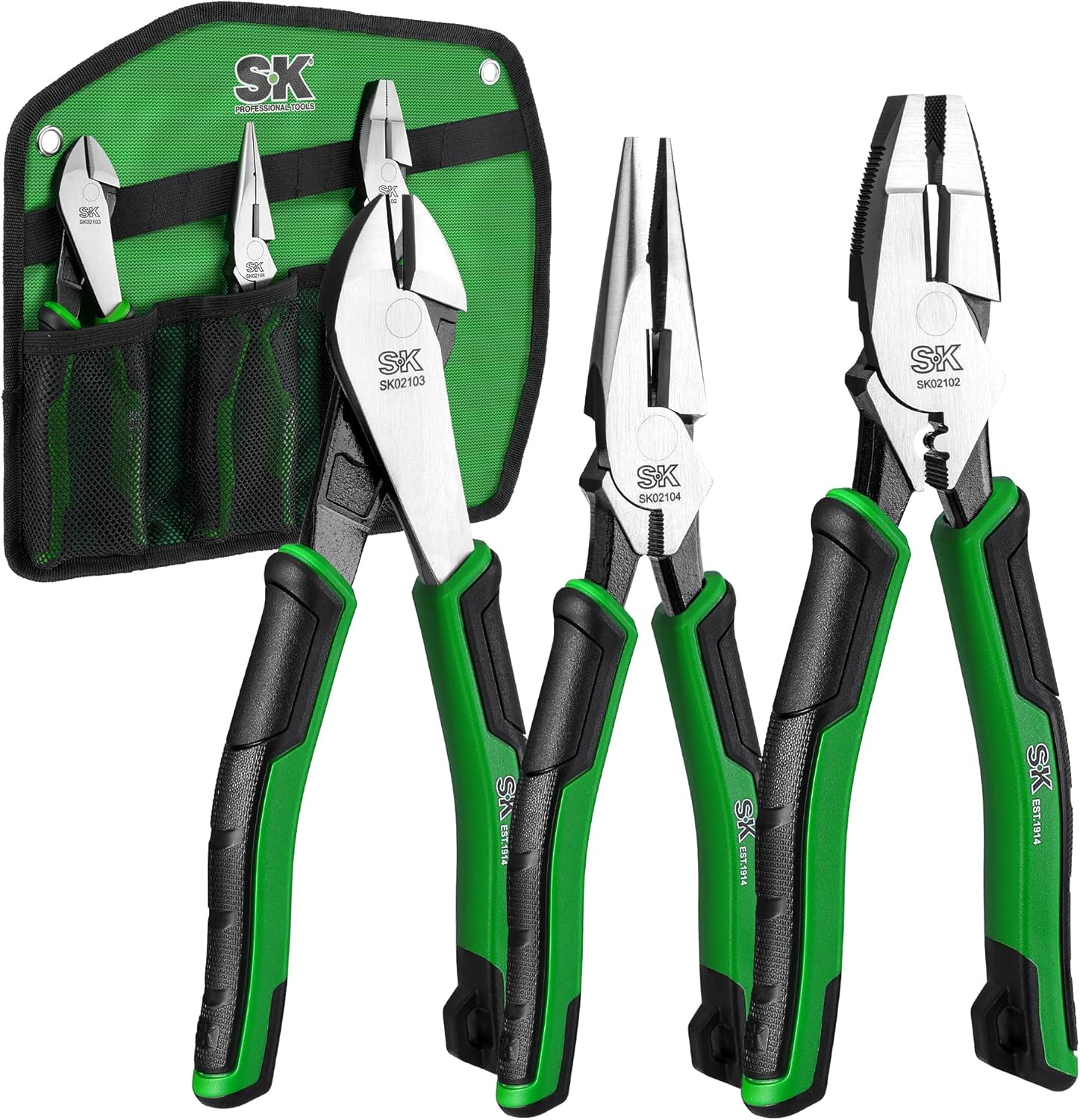 SK 3-Piece Pliers Set, 9.5-Inch Linesman, 8-Inch Diagonal & Needle Nose Pliers, High Carbon Steel, Ergonomic Anti-slip Handle, with Rolling Pouch