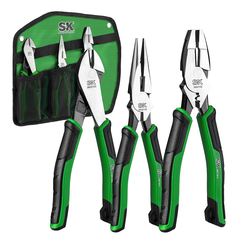 Jogo de Alicates SK com Alicate de Eletricista, Corte Diagonal e Bico Longo, 24,1 cm e 20,3 cm, Conjunto com 3 Peças