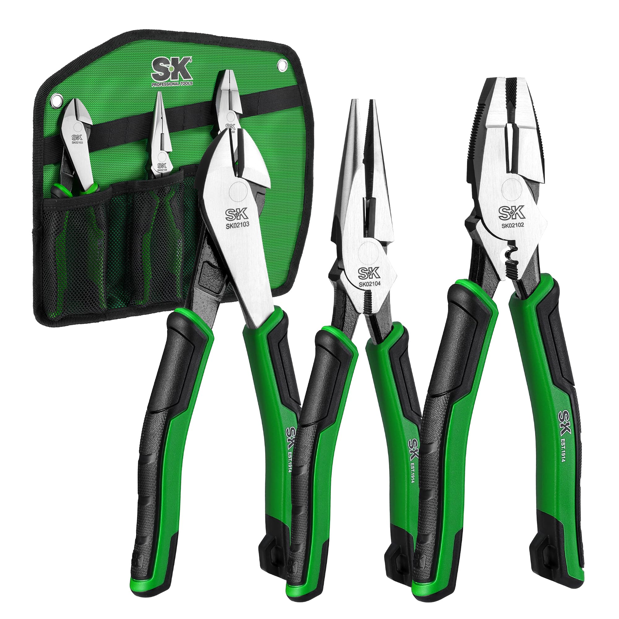 SK Juego de alicates de 3 piezas, alicates Linesman de 9.5 pulgadas, alicates diagonales de 8 pulgadas, alicates de punta larga de 8 pulgadas, construcción CR-V premium, mango ergonómico