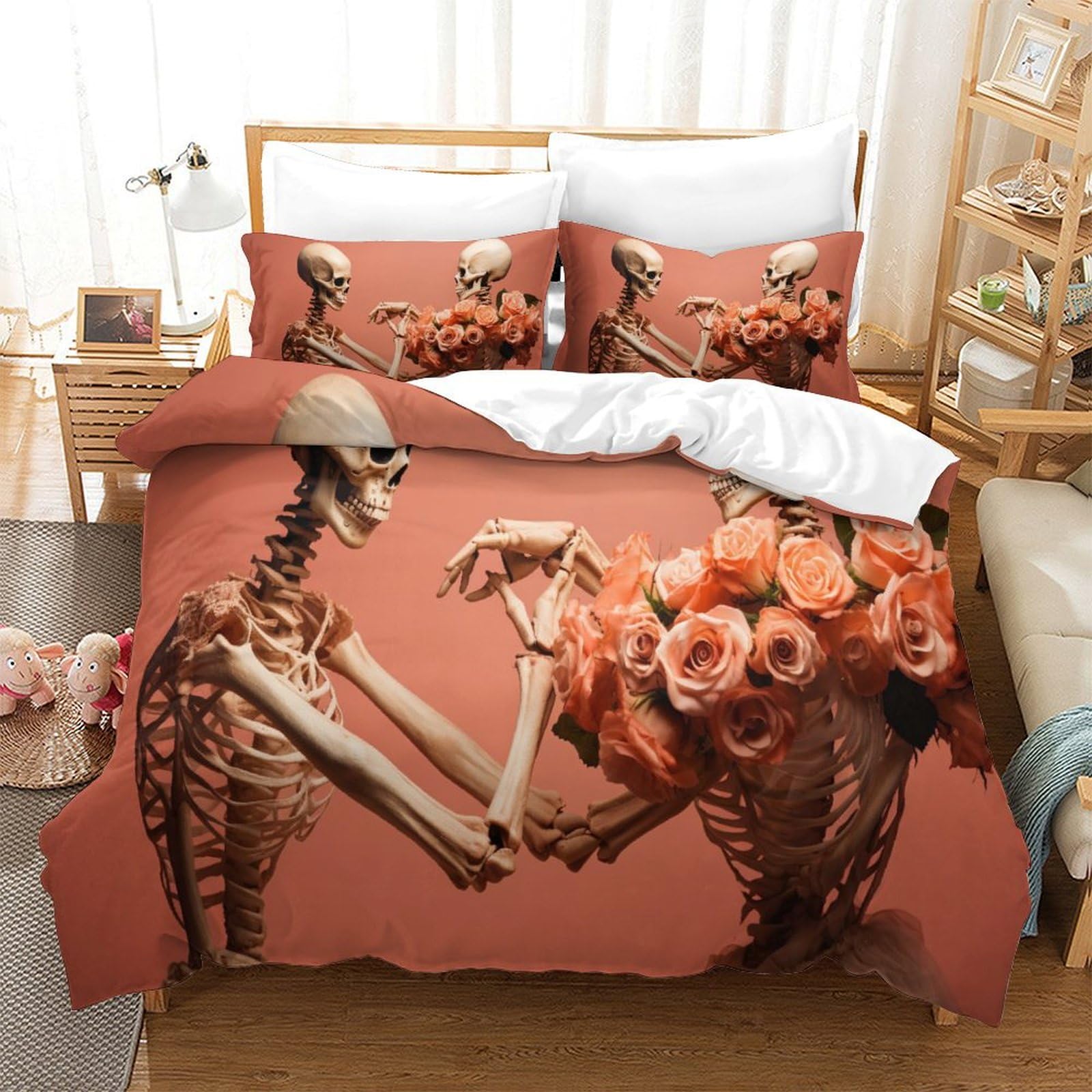 P1S9U7W5Y 3D Printed Skeleton Rose Duvet Cover Set 3pcs Microfiber Skeleton Rose Bedding Set Double