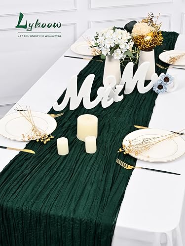 Miniatura 4 de Paquete de 15 caminos de mesa de estopilla verde esmeralda, 13 pies, color verde oscuro, gasa rústica, bohemio, decoración de mesa de boda,