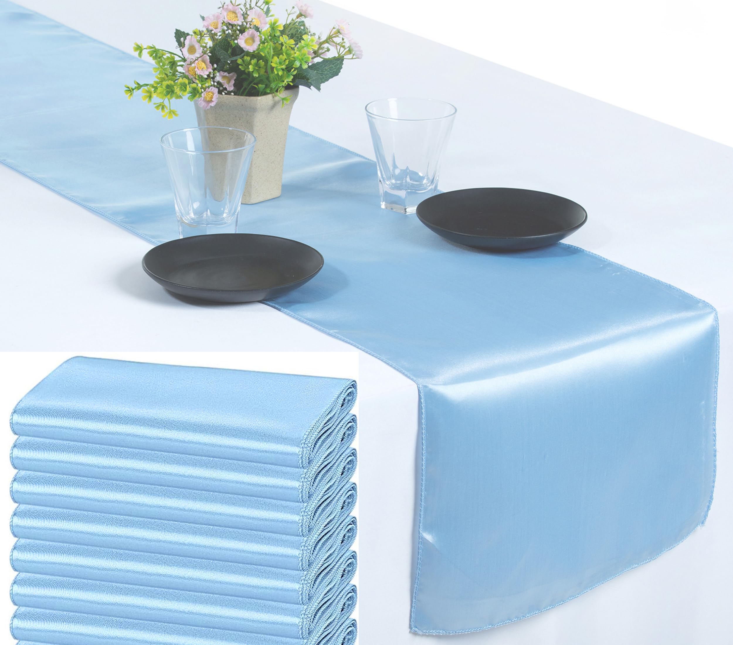 VDS Pack of 15 Satin Table Runners for Wedding & Party Décor 12” x 108”, Smooth Glossy Sateen Fabric Runner, Dining Table Decoration for Reception Banquet & Events Hotel Restaurant - Baby Blue — image 1