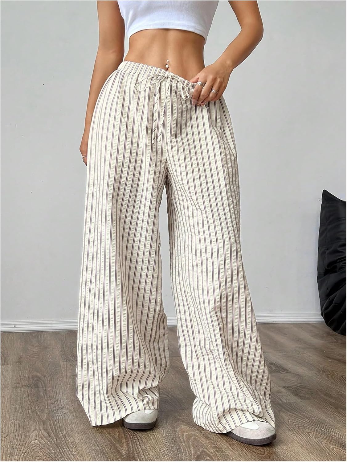 GORGLITTER Women's Striped Wide Leg Casual Pants Oversized Drawstring Waist Baggy Trousers - Image 4