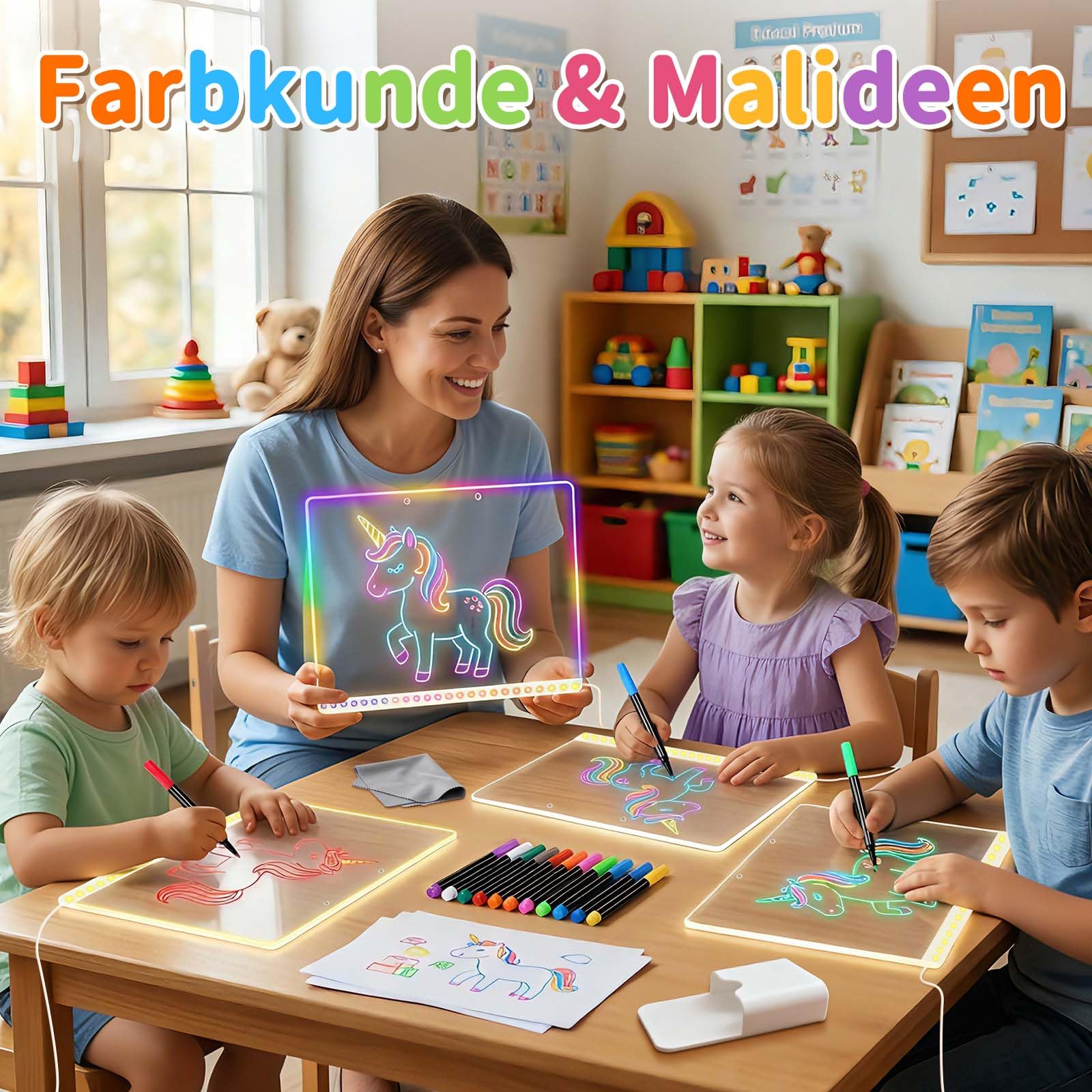 LED Zeichenbrett Kinder, Kreatives Lernspielzeug mit 14 Neon Stiften, Leuchttafel mit 8 Farben & 6 Lichtmodi, Wiederverwendbare Maltafel für Mädchen Jungen 4-8 Jahre, Geschenk Set