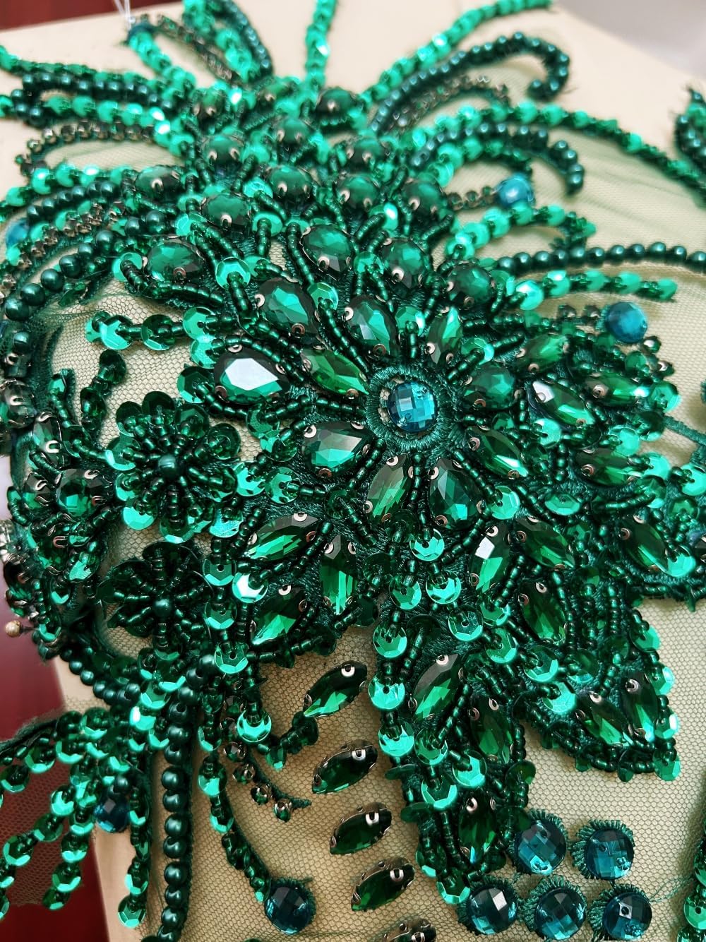 Handmade Rhinestones Lace Bodice Applique Sewing Glass Beads Sequins Crystal Trim Patches Accessory for Dress Clothes 12x26 inch (Deep Green)