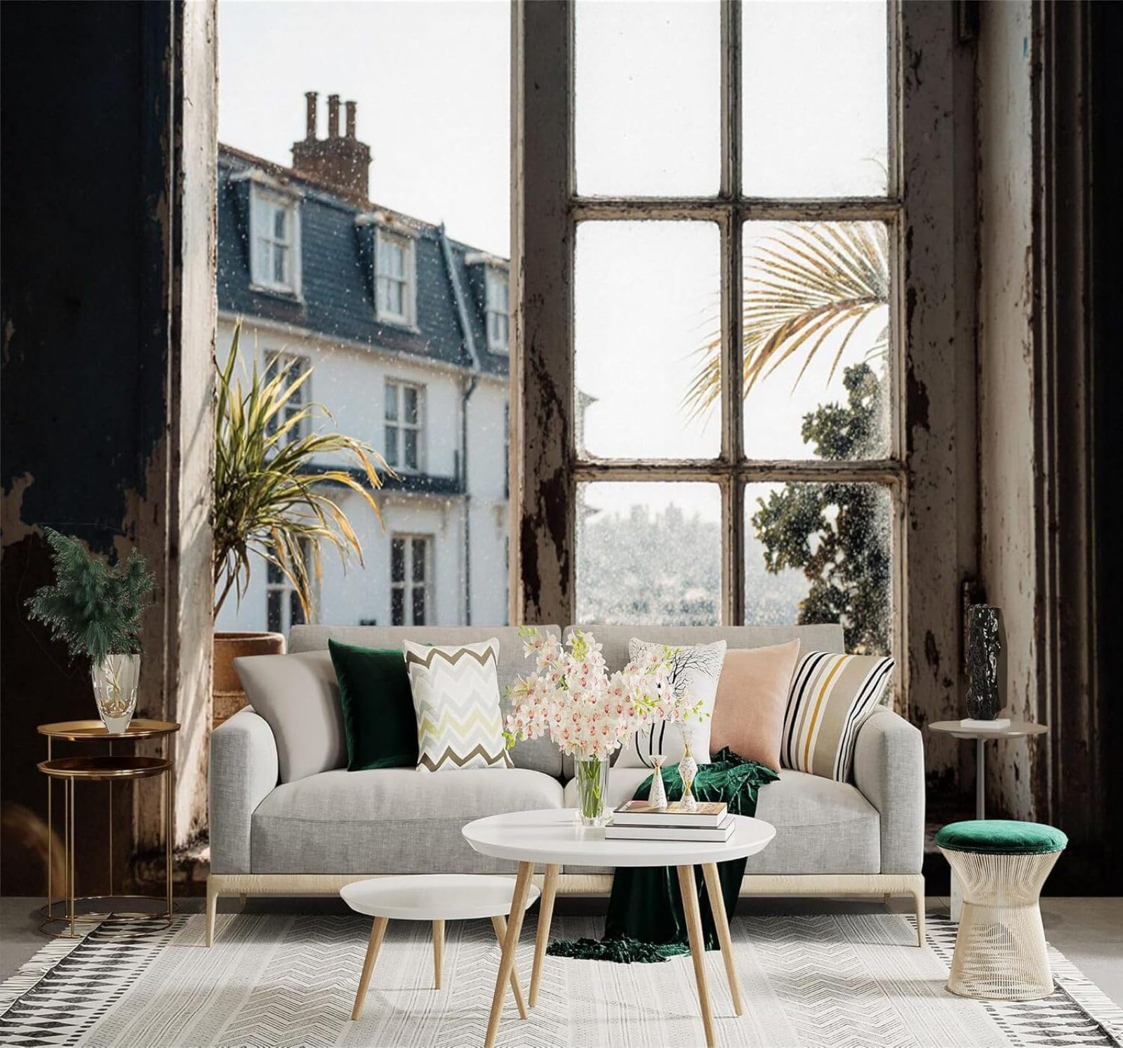 Xlming 350Cm×256Cm(B×H) Historic Architecture Potted Plants Palm Leaves Rustic Style Windows Scenery 3D Wallpaper Premium Textured Silk Study Dining Living Room Bedroom Sofa Tv Wall Easy Install-350Cm×256Cm