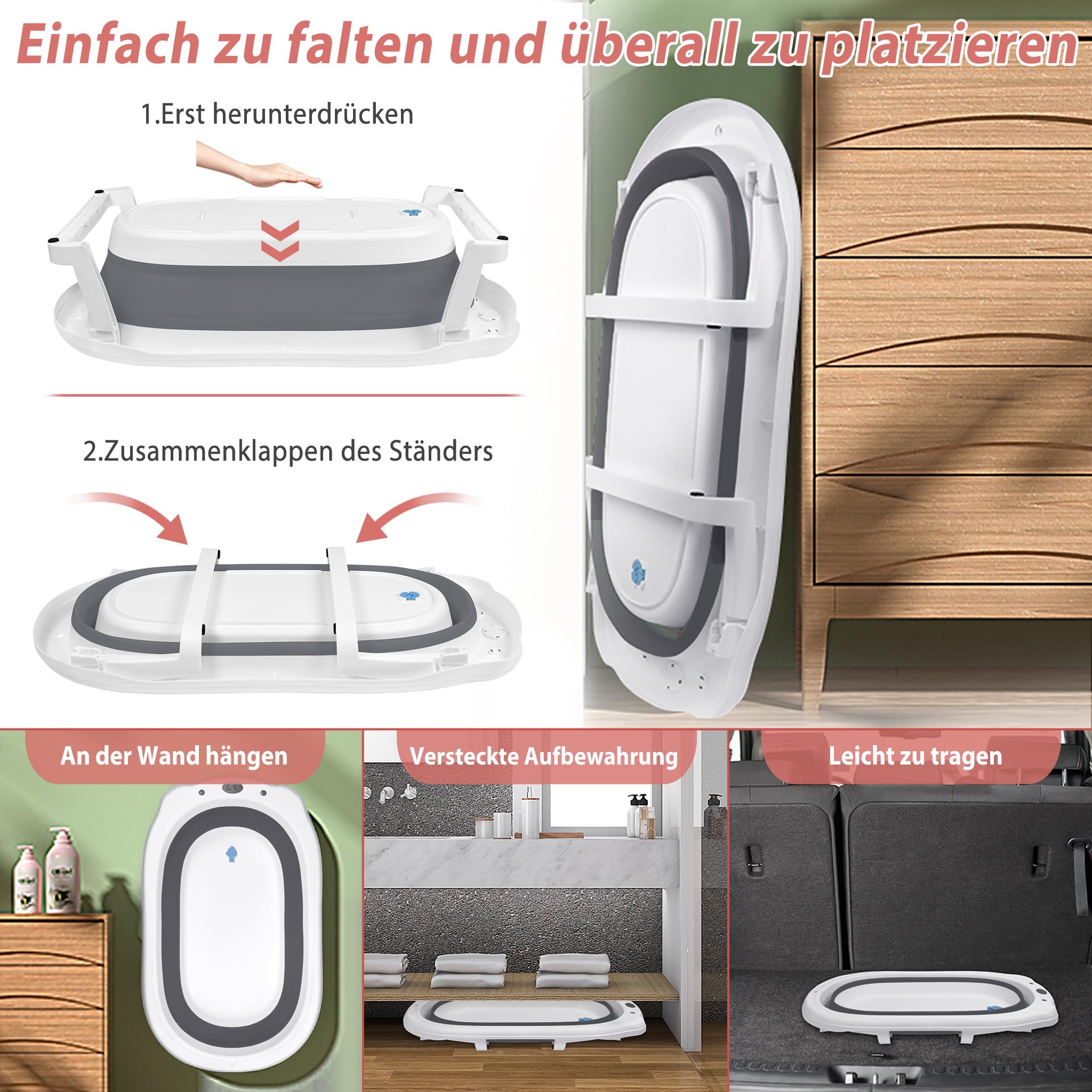 Aufun Faltbare Baby Badewanne ergonomische Babywanne mit rutschfesten Füßen für Babys und Neugeborene, inkl. Bade Sitzkissen, folding bathtub, platzsparend (Grau+ Badewannenkissen)