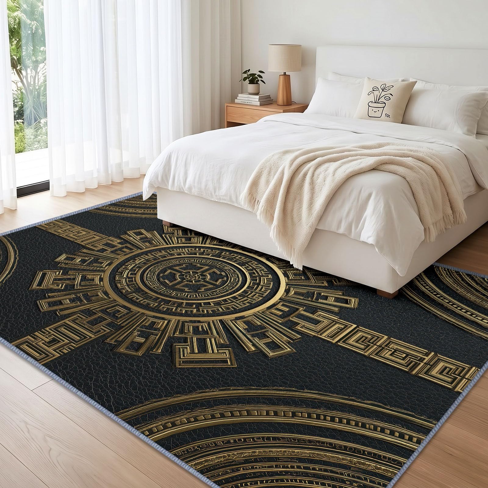 Lavable Machine Tapis Relief 3D Géométrique Dessous Antidérapant, Méandre Grec Badge Circulaire Tapis Pile Courte 160 x 230 cm pour Salon Salle à Manger Chambre Cuisine Entrée