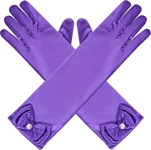 Miniatura 4 de Guantes de princesa para niñas, color blanco, largos, de satén, con lazo, para cumpleaños, boda, fiesta de disfraces