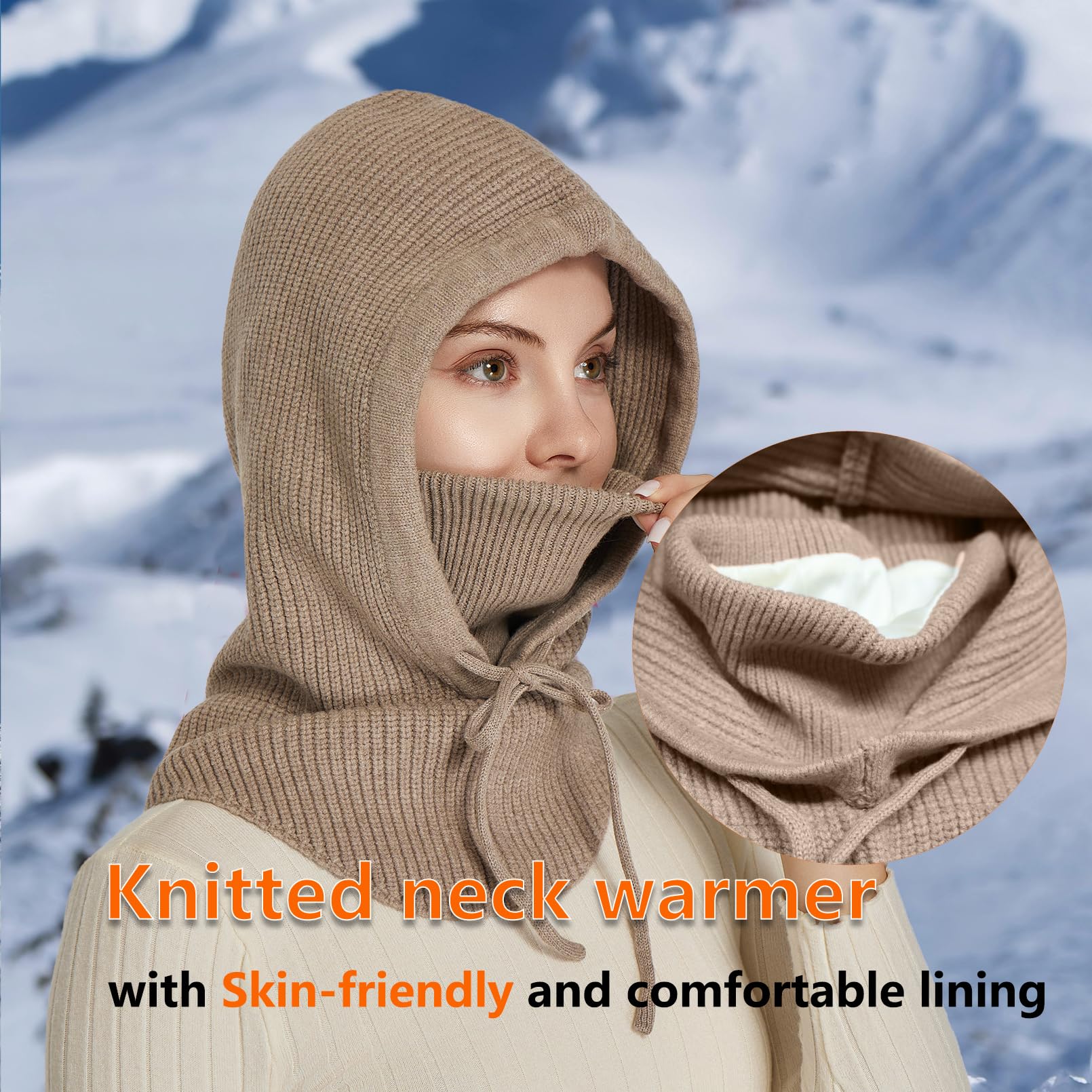 Facecozy Sturmhaube aus Strick für Damen Herren Wintermütze mit Gesichtsmaske Atmungsabweisende Ski-Maske Halstuch Mütze Damen Winter (Camel)