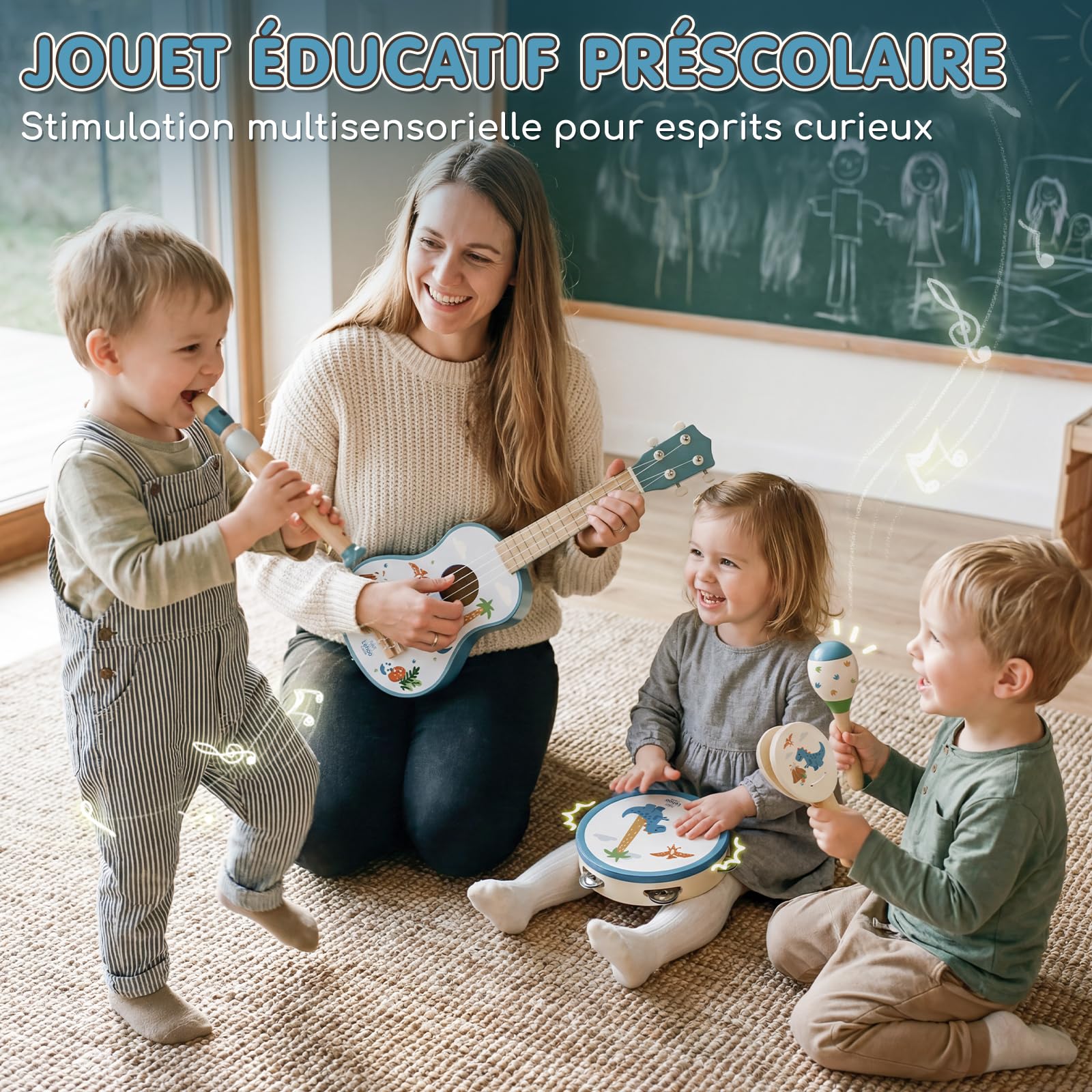 Lehoo Castle Guitare Enfant 1 2 3 Ans avec Bois Instruments de Musique Bebe | Jeu cadeau enfant 2 ans, Ukulélé en Bois avec Tambourin, Flûte, Maracas et Hochet, Montessori Jouet Musical Educatif
