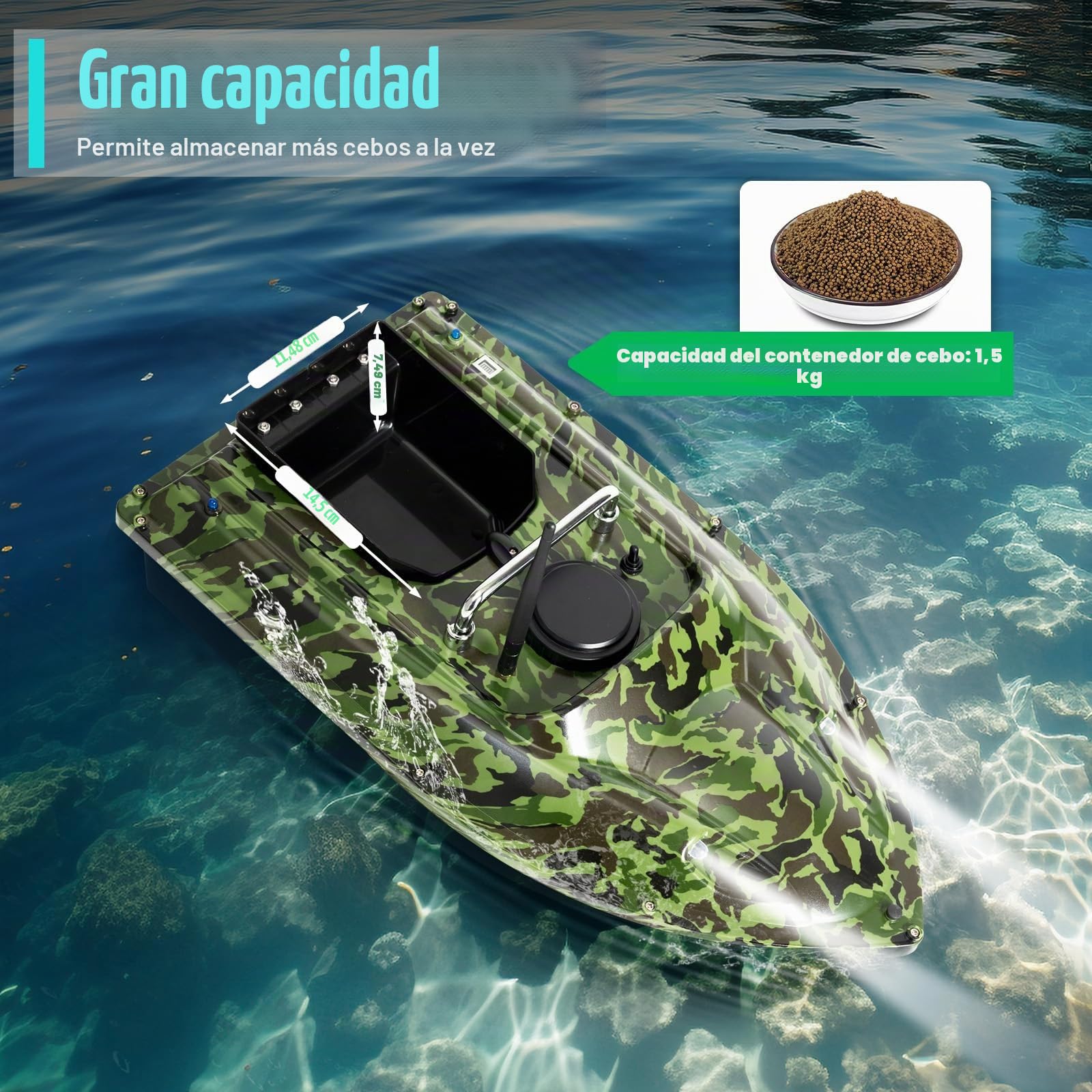 Barco Cebador Pesca 13000Rpm Barco de Cebo de Pesca 1.5kg 2 AAA Pilas Barco de Cebo de Camuflaje 500m Mando a Distancia con Deflectores Anti-Enredo Control de Crucero