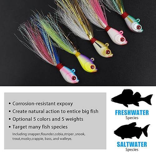 Miniatura 5 de Bucktail Jigs - Señuelo para agua salada, 5 piezas de cola de cubo para el pelo de la plantilla de Swimbait, cebo de Fluke Bait para lucioperca