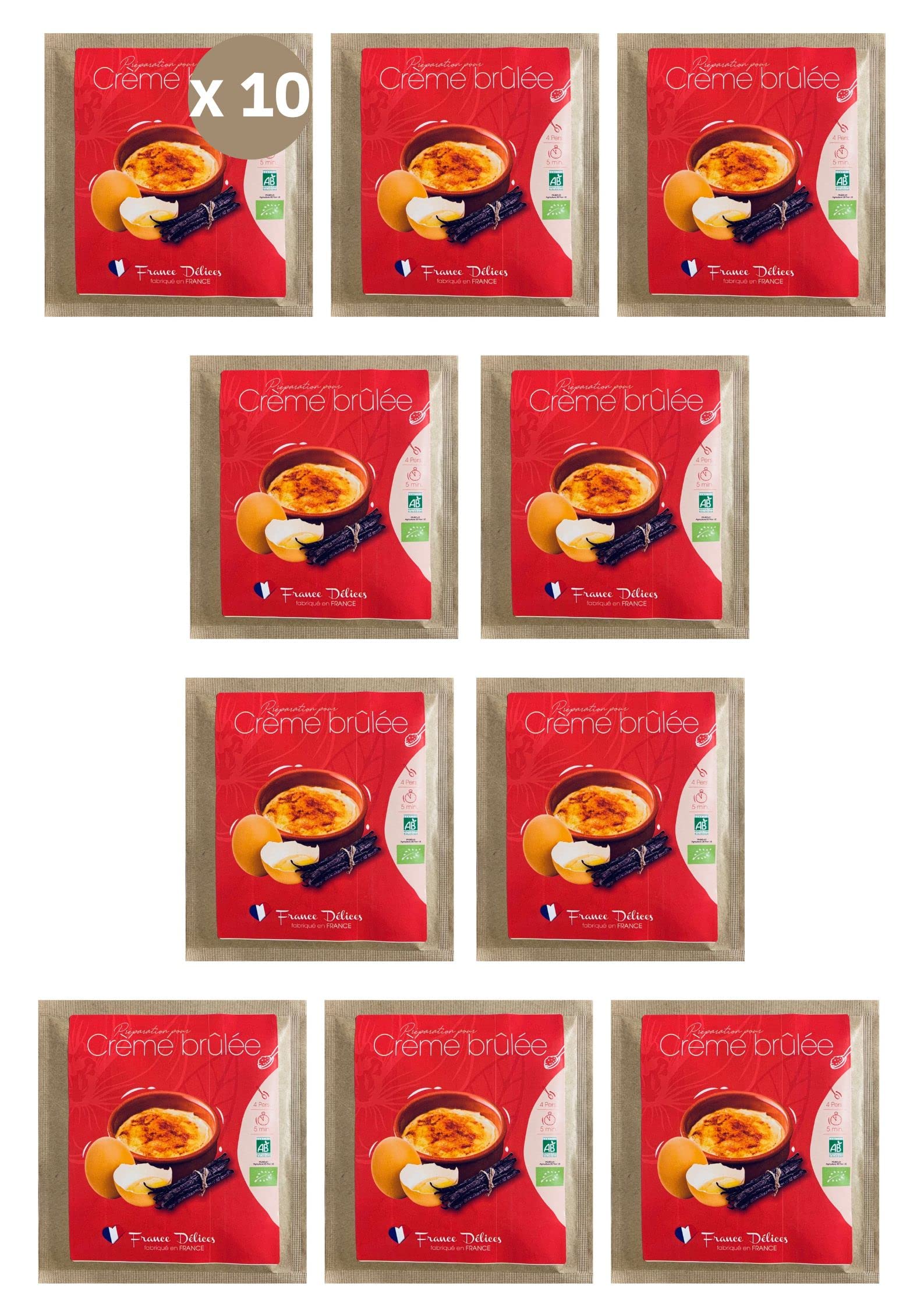 FRANCE DÉLICES - Préparation Pour Crème Brûlée Bio - Dessert Gourmand Et Naturel - Prêt En 5min - Fabrication Artisanale En France - Sans Gluten - 4 Pers. - 10 Sachets De 40g