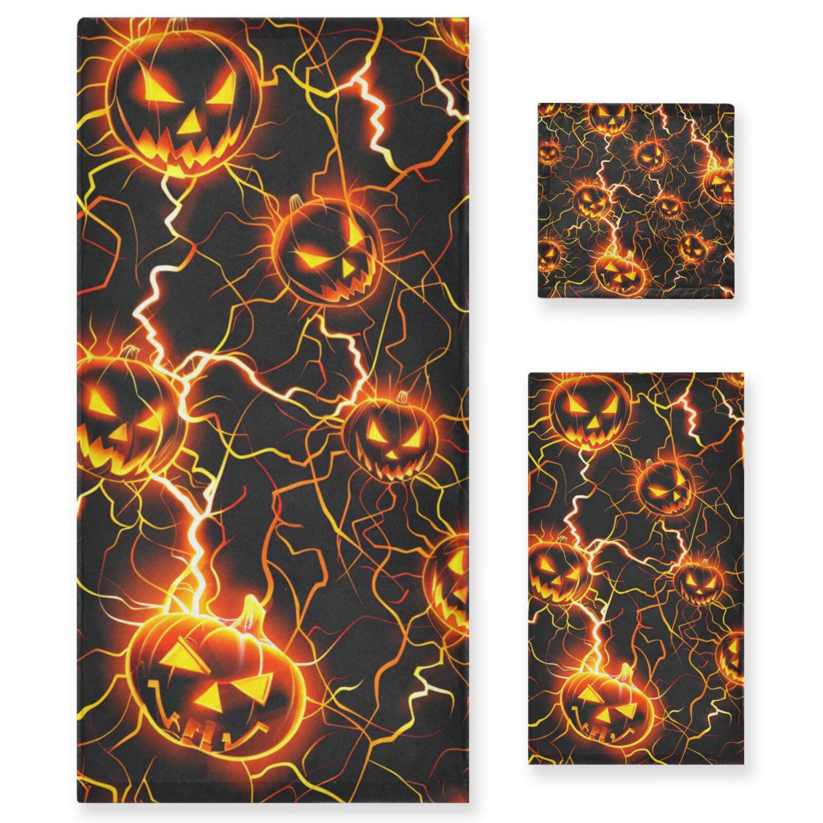 Horrors Lightning Pumpkin Halloween morbido asciugamano viso set 3 pezzi, 1 asciugamano da bagno, 1 asciugamano mani 1 panno per la casa cucina hotel palestra nuoto spa
