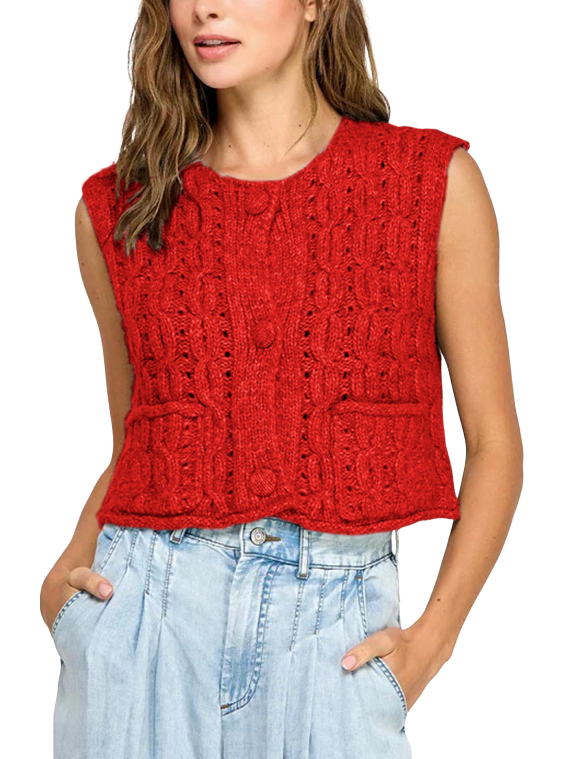 Lianlive Womens Cropped Sweater Vest Sleeveless Button Down Knit Tops Trendy Crochet Chunky Cardigan Vests with Pockets
