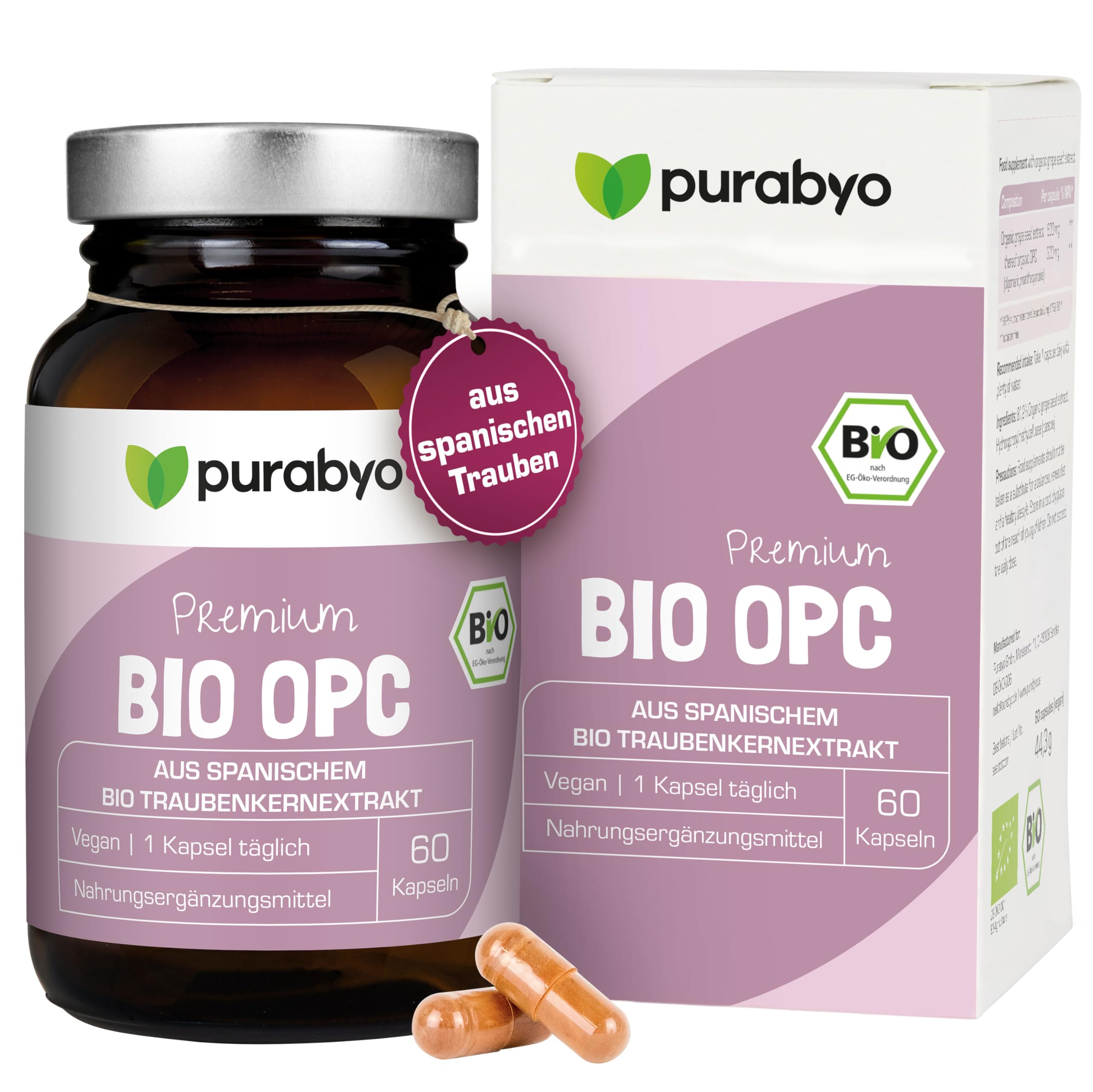 Purabyo OPC BIO Traubenkernextrakt | im Glas | 300mg OPC pro Kapsel (HPLC laborgeprüft) | Bio Anbau in Spanien | wasserextrahiert | OHNE Zusätze | vegan, laborgeprüft, in Deutschland hergestellt