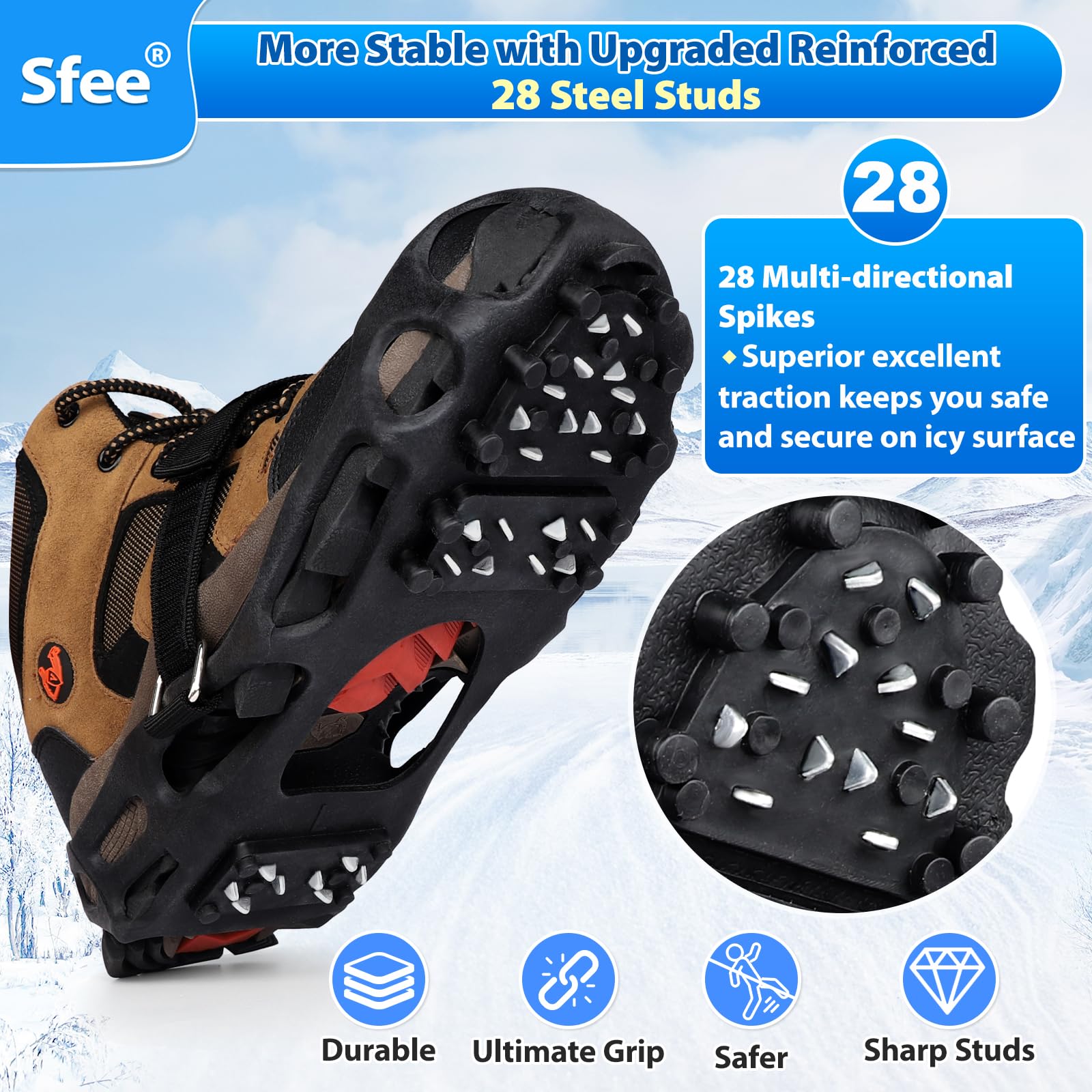 Sfee Crampons à glace pour chaussures et bottes, 28 crampons en acier ultra adhérents pour homme et femme, antidérapants, pour chaussures et bottes pour la marche, la randonnée, l'escalade, la pêche