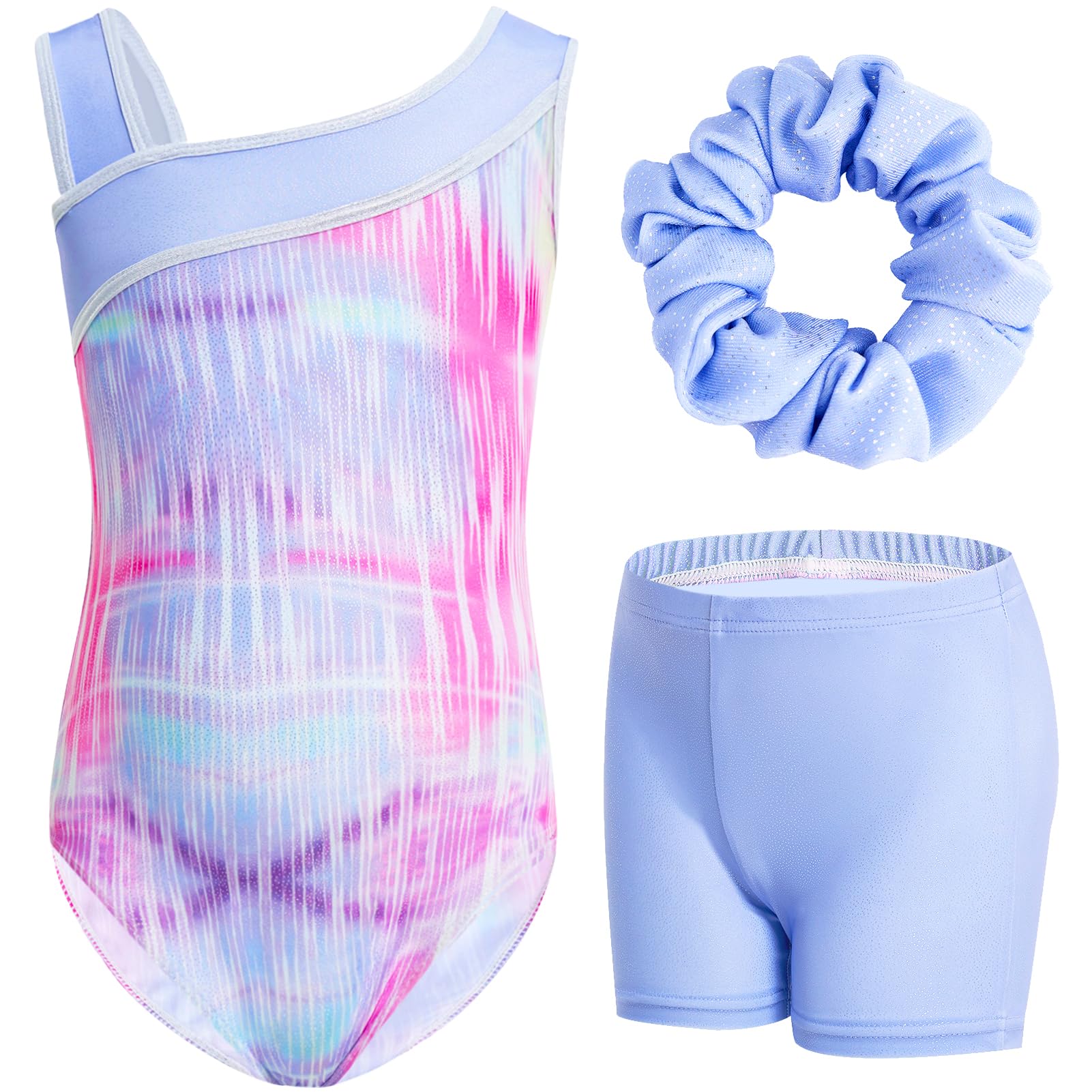 Gogokids Completo da ginnastica bambina composto da tre pezzi, body senza maniche, pantaloncini e fascia capelli, tuta danza classica scintillante, con design a colori sfumati, dai 3 ai 12 anni