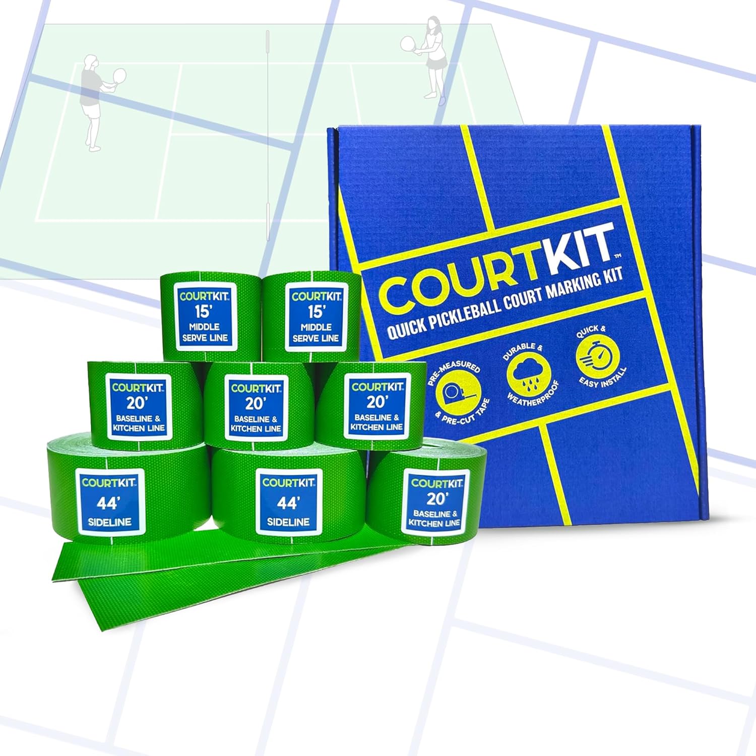 Pickleball Court Marking Kit – Pre-Measured, Pre-Cut, Ready-to-Apply Pickleball Court Tape for Indoor & Outdoor, Waterproof, Easy Setup, No Residue, Portable, Line Kit, Floor Markers