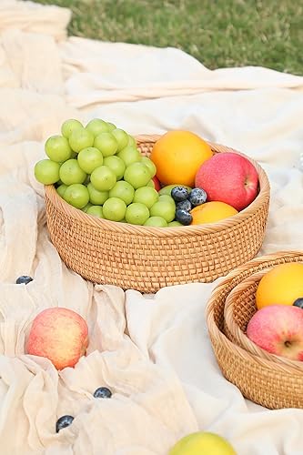 Vista 13 de HITOMEN Cestas de pan de ratán hechas a mano redondas de mimbre para servir frutas, cuencos de almacenamiento de frutas de tejido natural