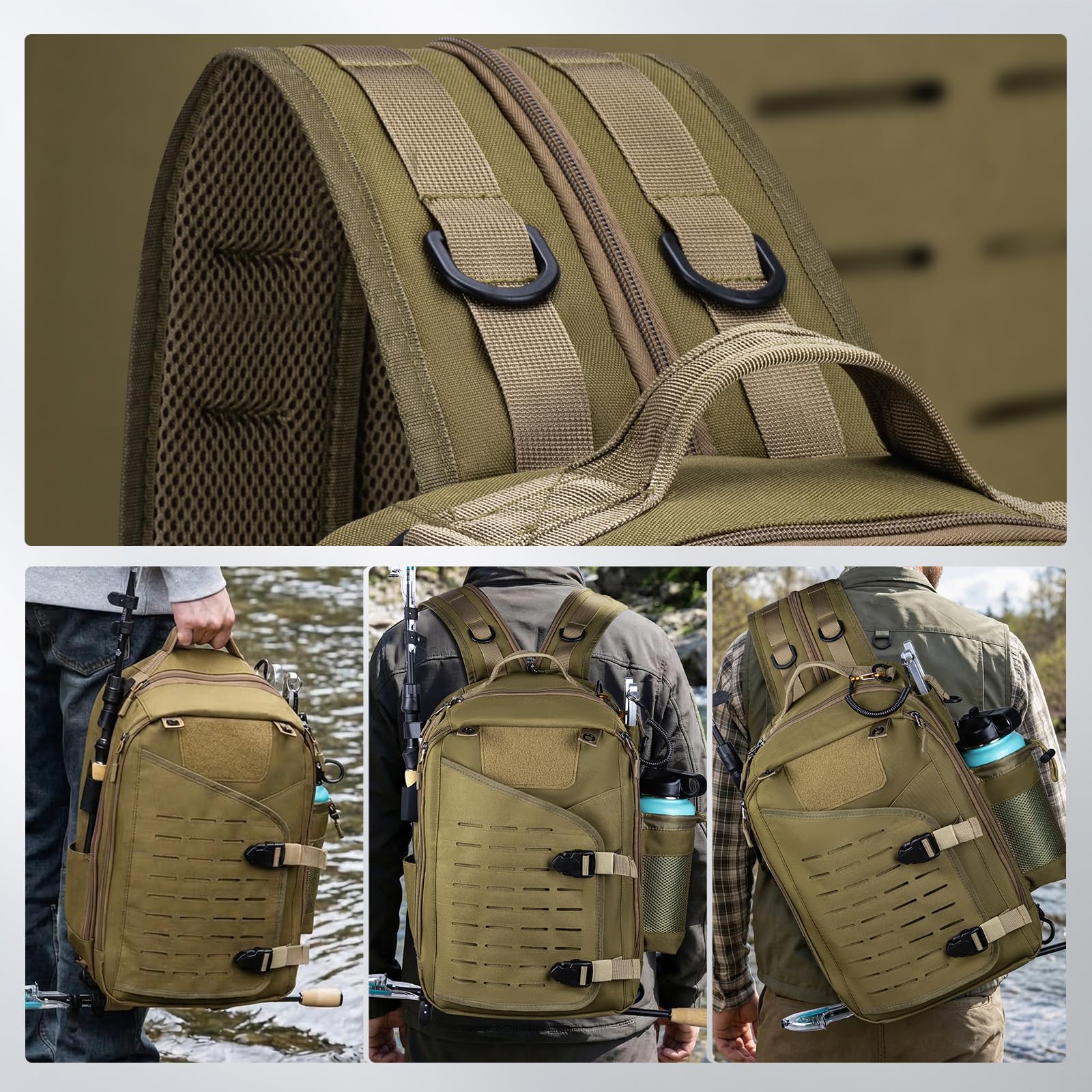 Goture Sling Tackle Bag - Borsa a tracolla da pesca, con porta canna da pesca, sistema MOLLE, spazio per esche artificiali e accessori, Cachi con 3 scatole per esche, Tracolla