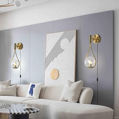 Miniatura 5 de BOKT Juego de 2 apliques de pared dorados modernos enchufables de mediados de siglo, lámparas de pared de globo transparente simple y creativo para