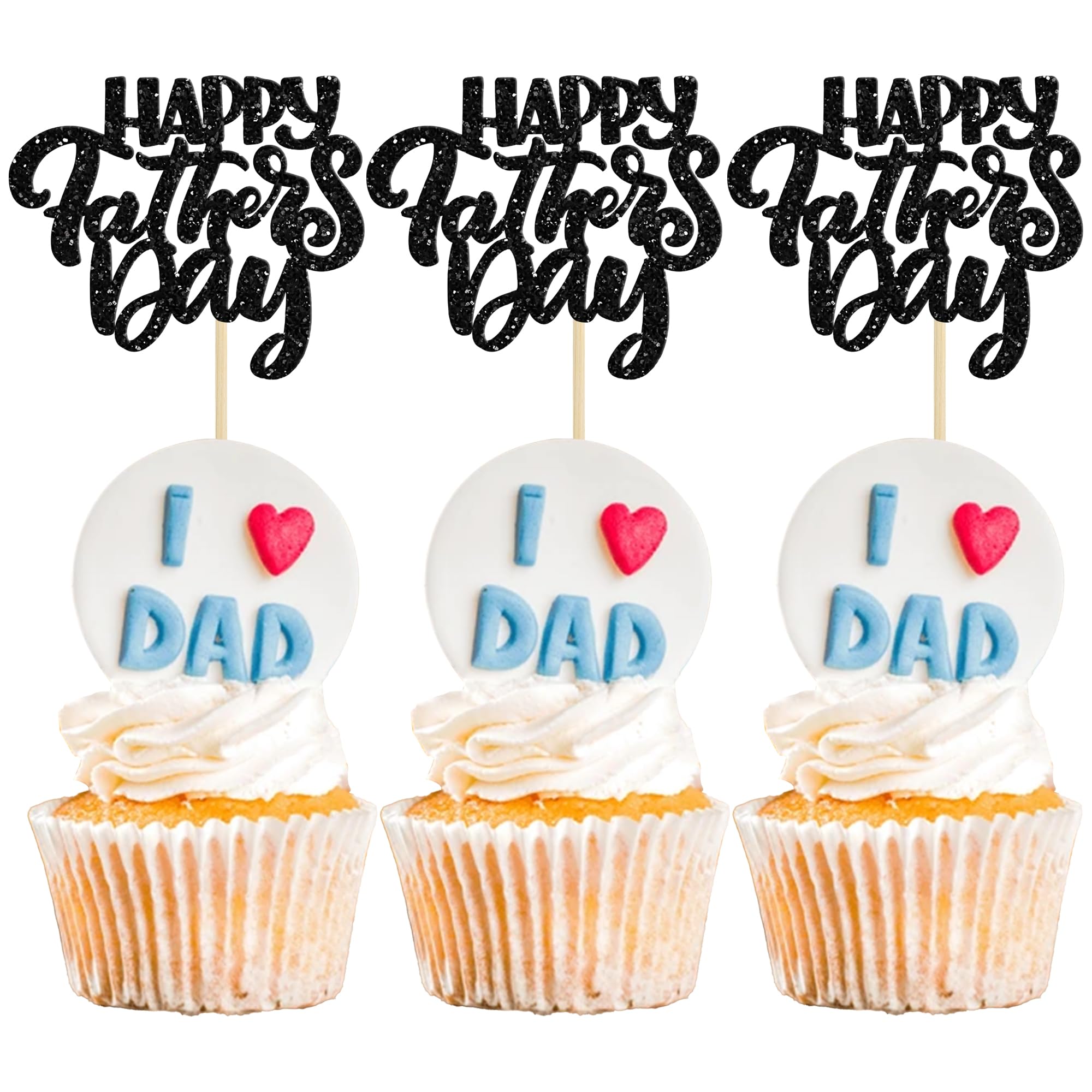 24Pcs Happy Father's Day Cupcake Toppers Black Glitter Best Dad Ever Cake Toppers Paper Cake Picks for Fathers Day Party Favor Supplies